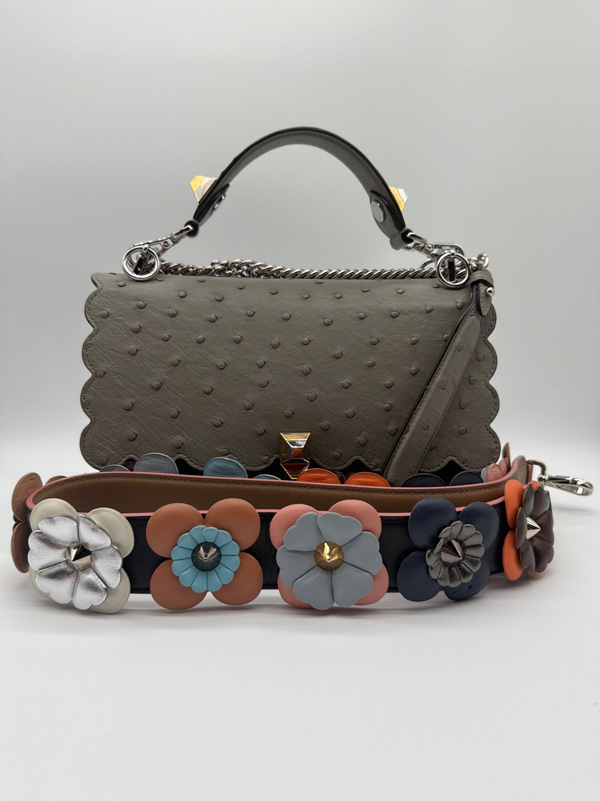 Fendi Kan I in grey ostrich-embossed scalloped flap image 2