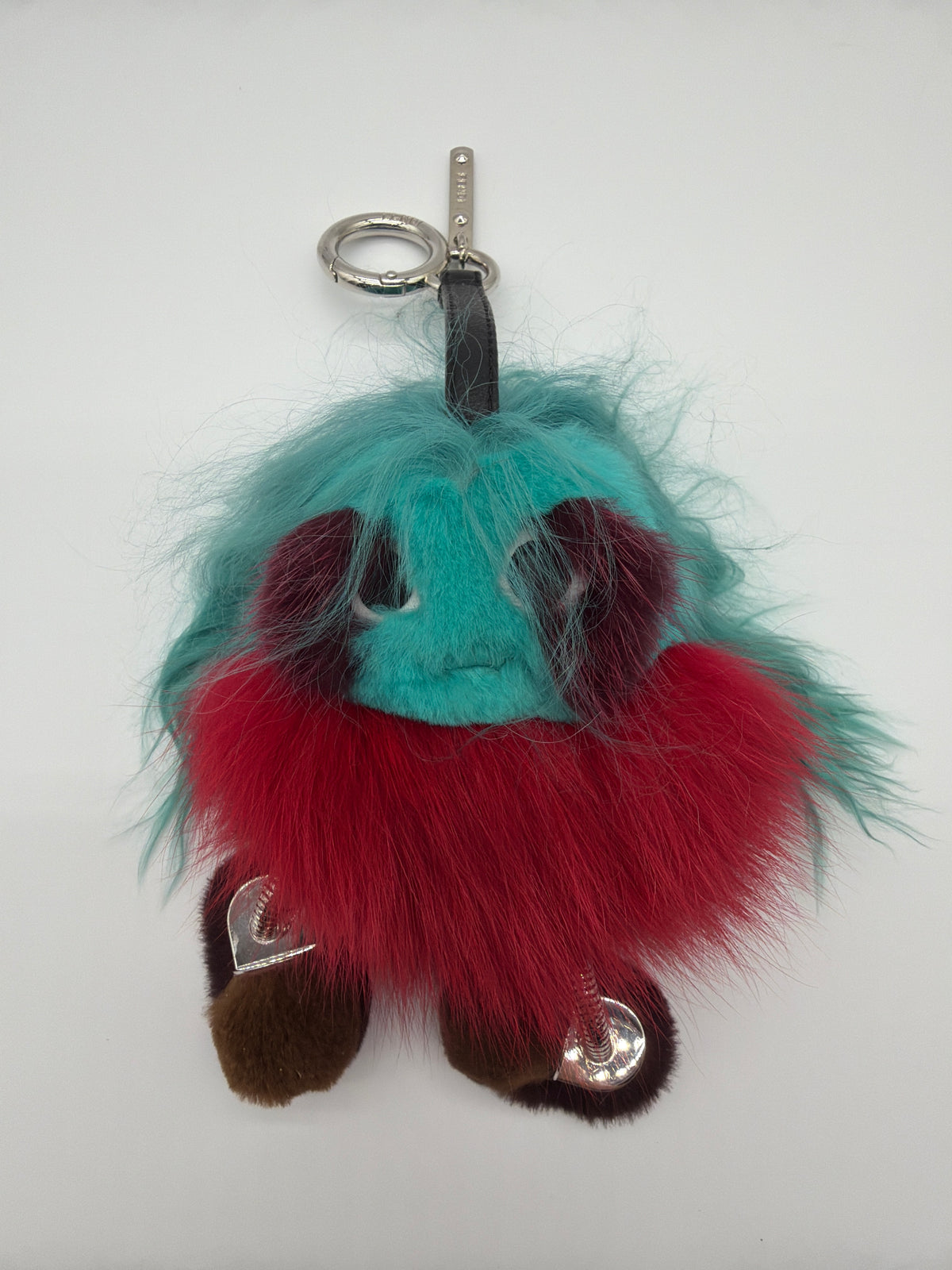 Fendi "Mum Wonders" Bag Bug Fur Charm in teal, red, and brown fox/mink fur image 1