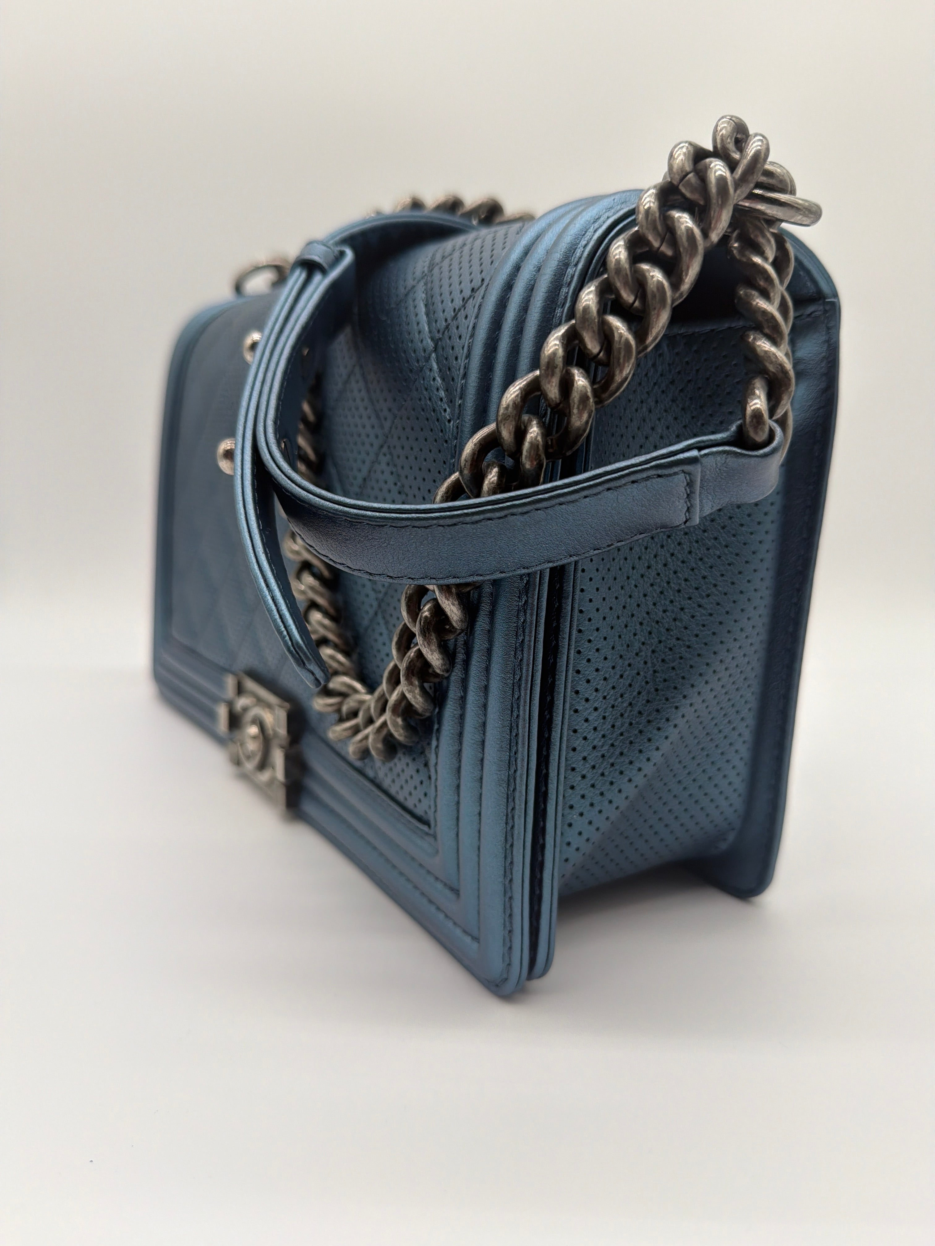Chanel Metallic Blue Perforated Quilted Lambskin Old Medium Boy — image 2