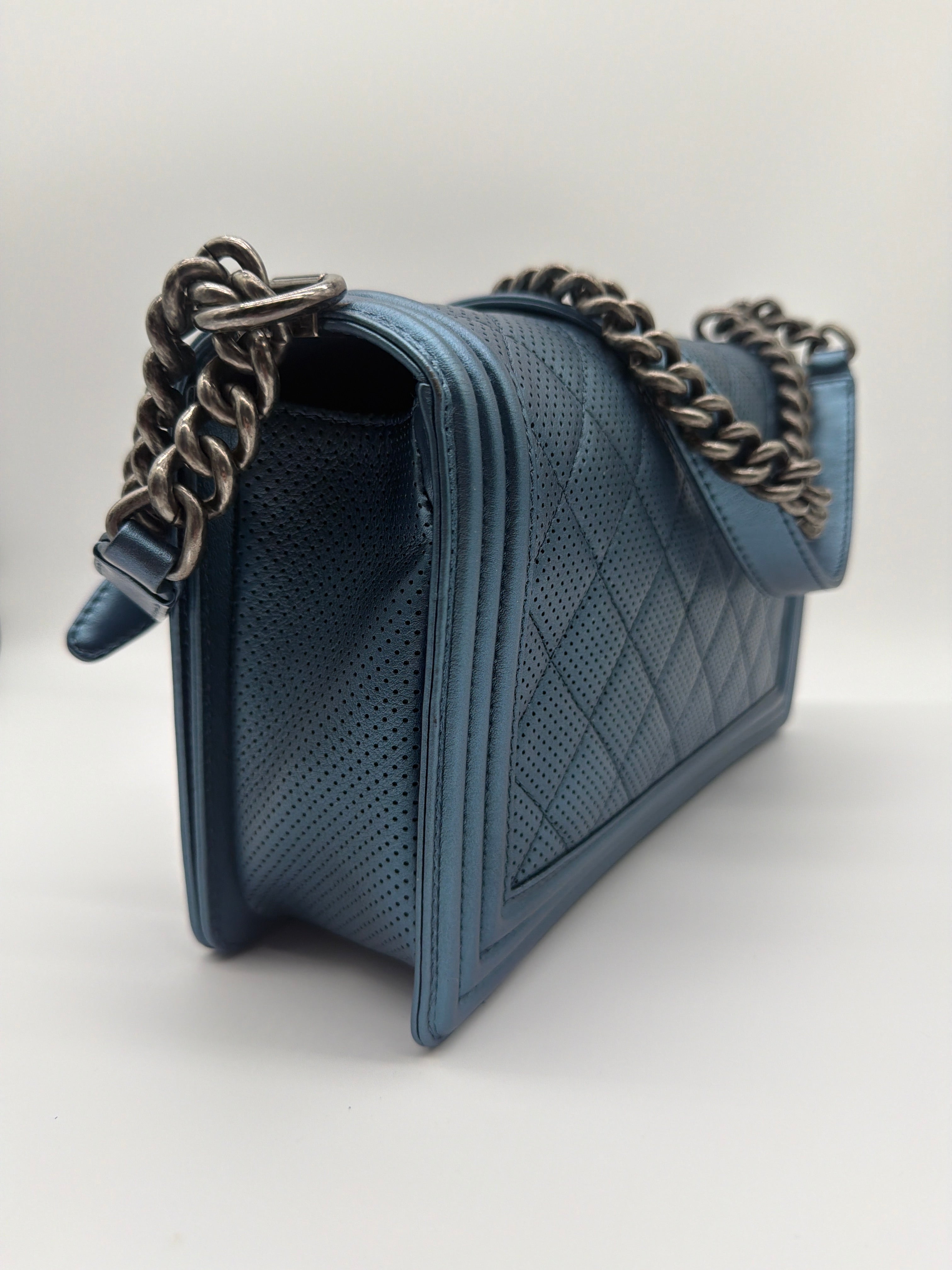 Chanel Metallic Blue Perforated Quilted Lambskin Old Medium Boy — image 3