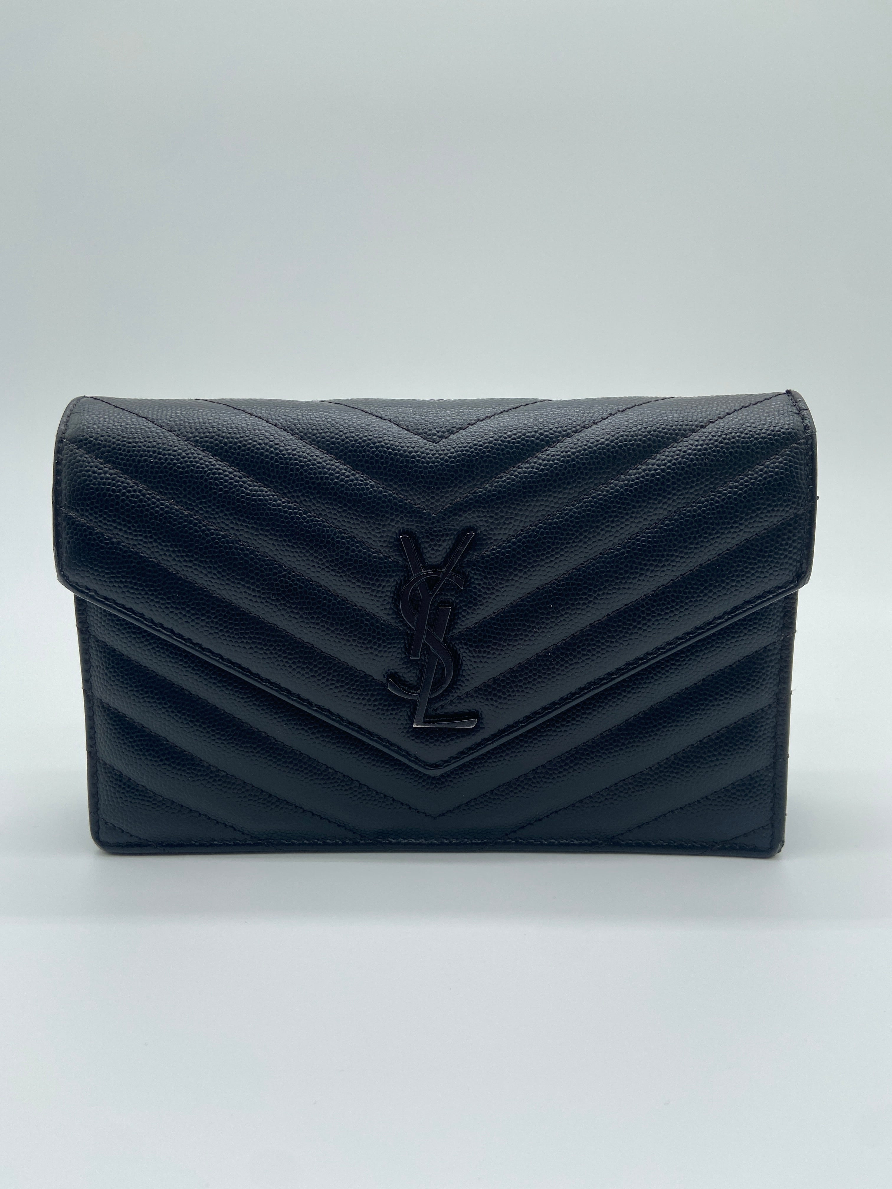 Saint Laurent Cassandre Envelope Chain wallet in black grain de poudre matelassé textured-leather with black hardware — image 2
