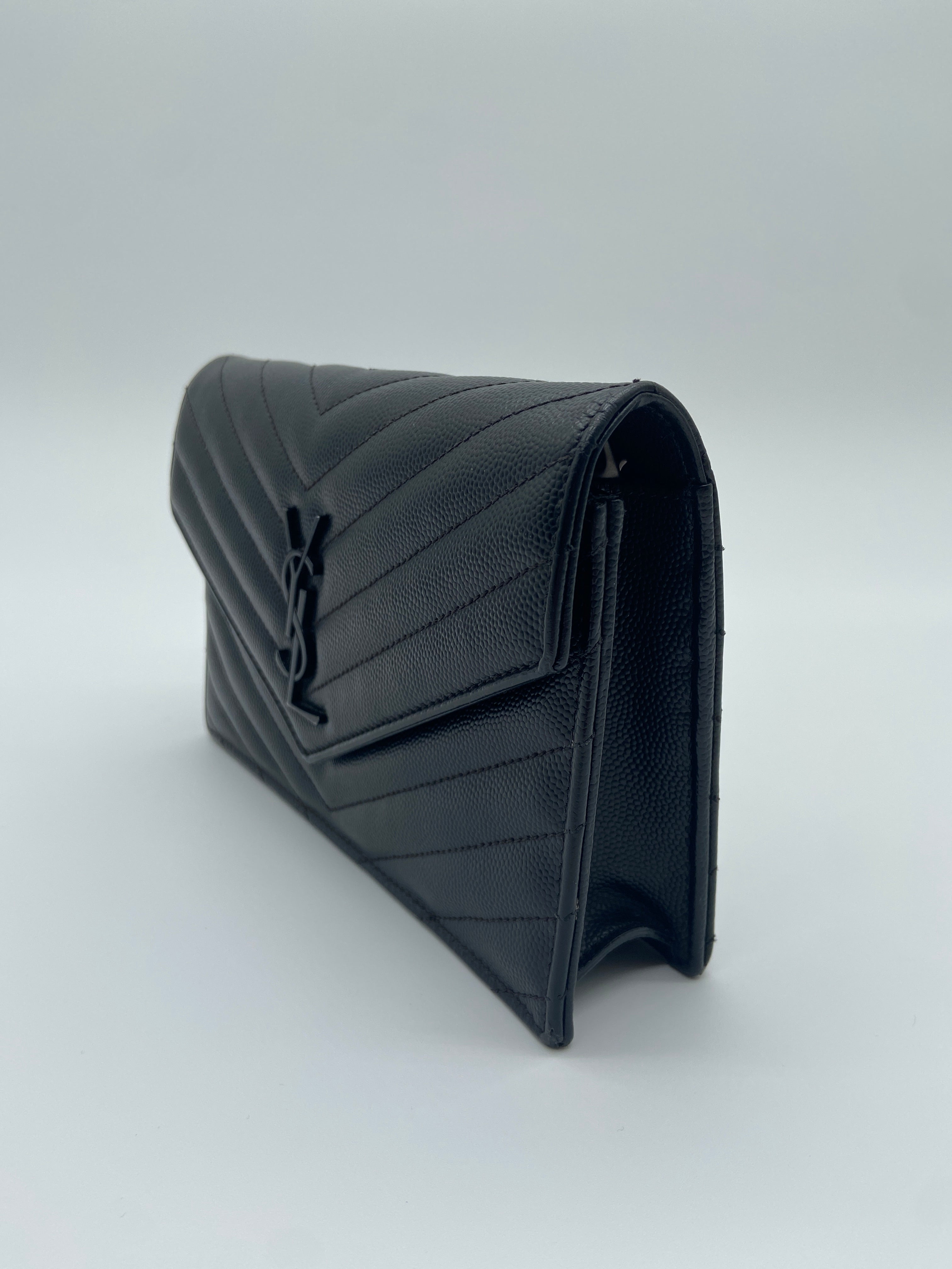 Saint Laurent Cassandre Envelope Chain wallet in black grain de poudre matelassé textured-leather with black hardware — image 3
