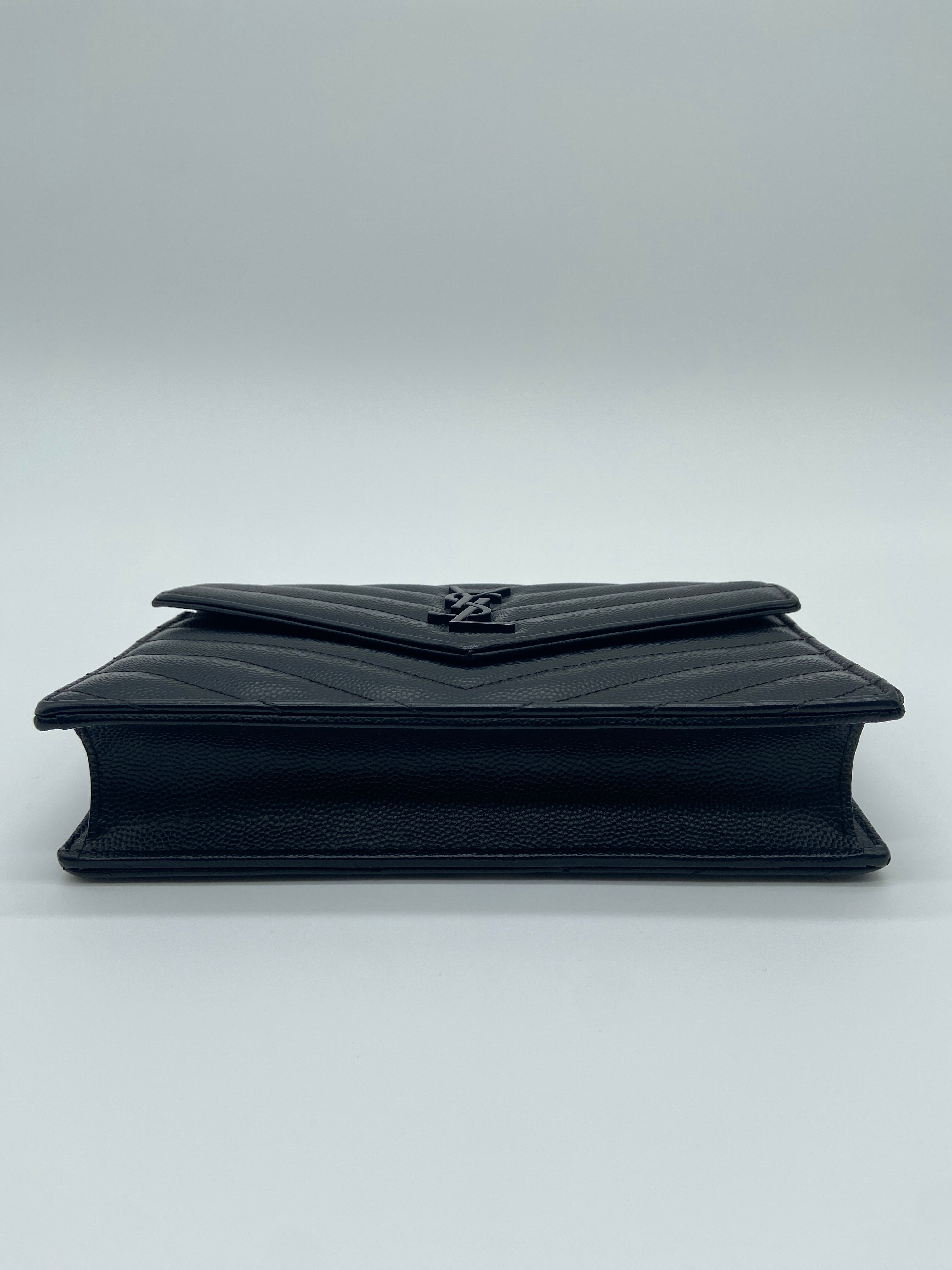 Saint Laurent Cassandre Envelope Chain wallet in black grain de poudre matelassé textured-leather with black hardware — image 6