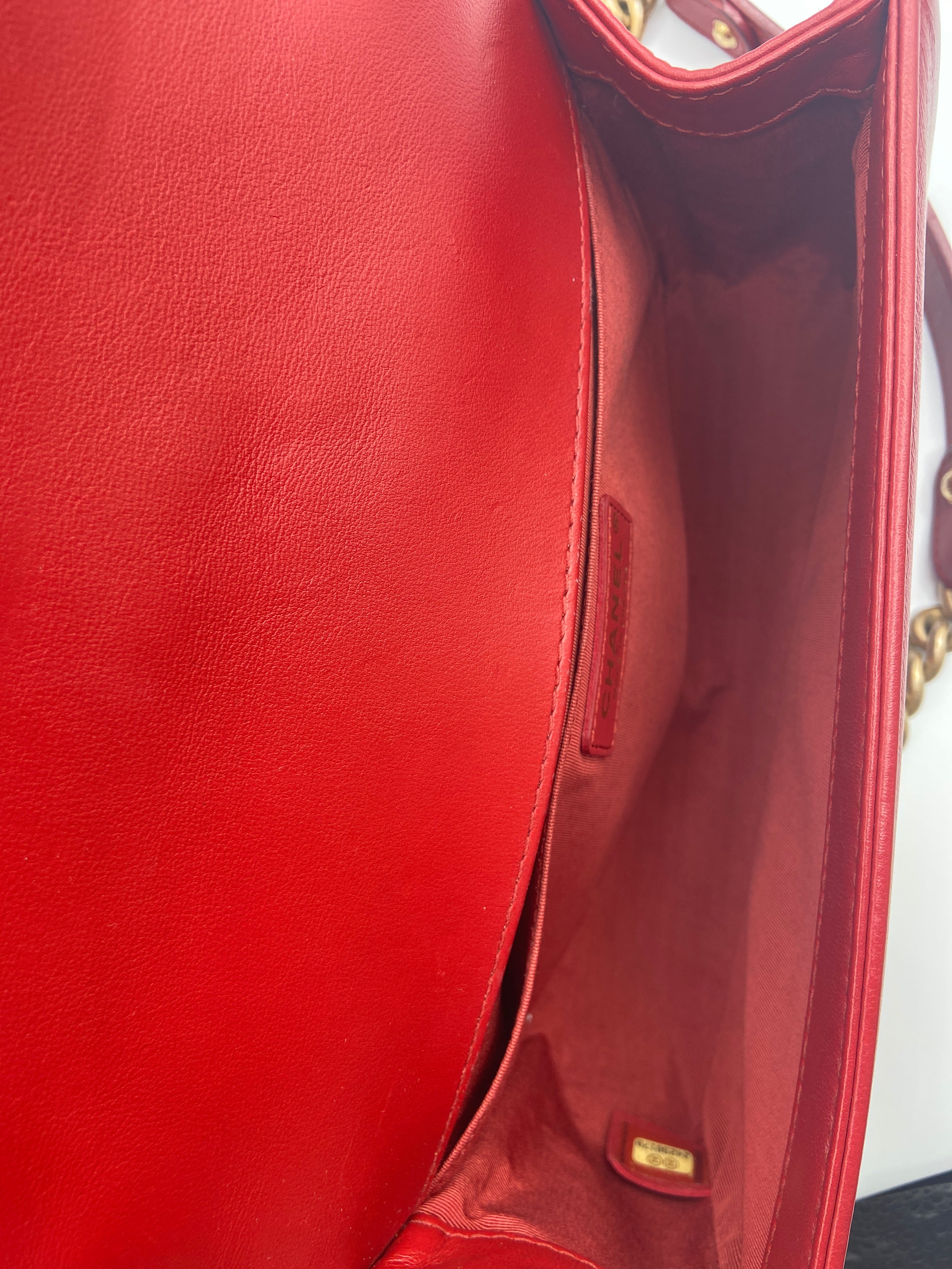 Chanel Boy Bag in Red Quilted Calfskin with Aged Gold Hardware