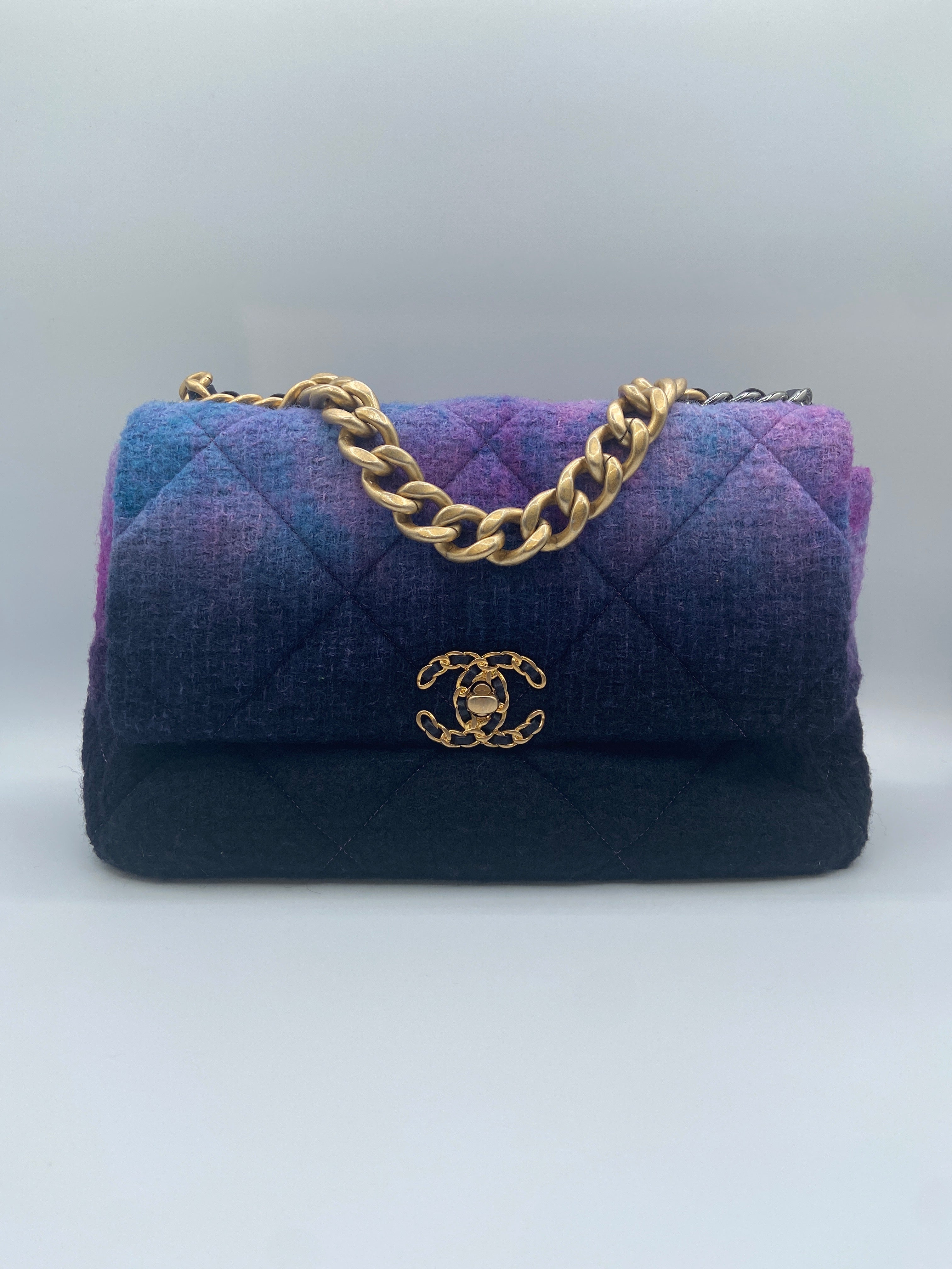 Chanel 19 Flap Bag in Purple, Blue & Black Wool Tweed with Mixed Metal Hardware