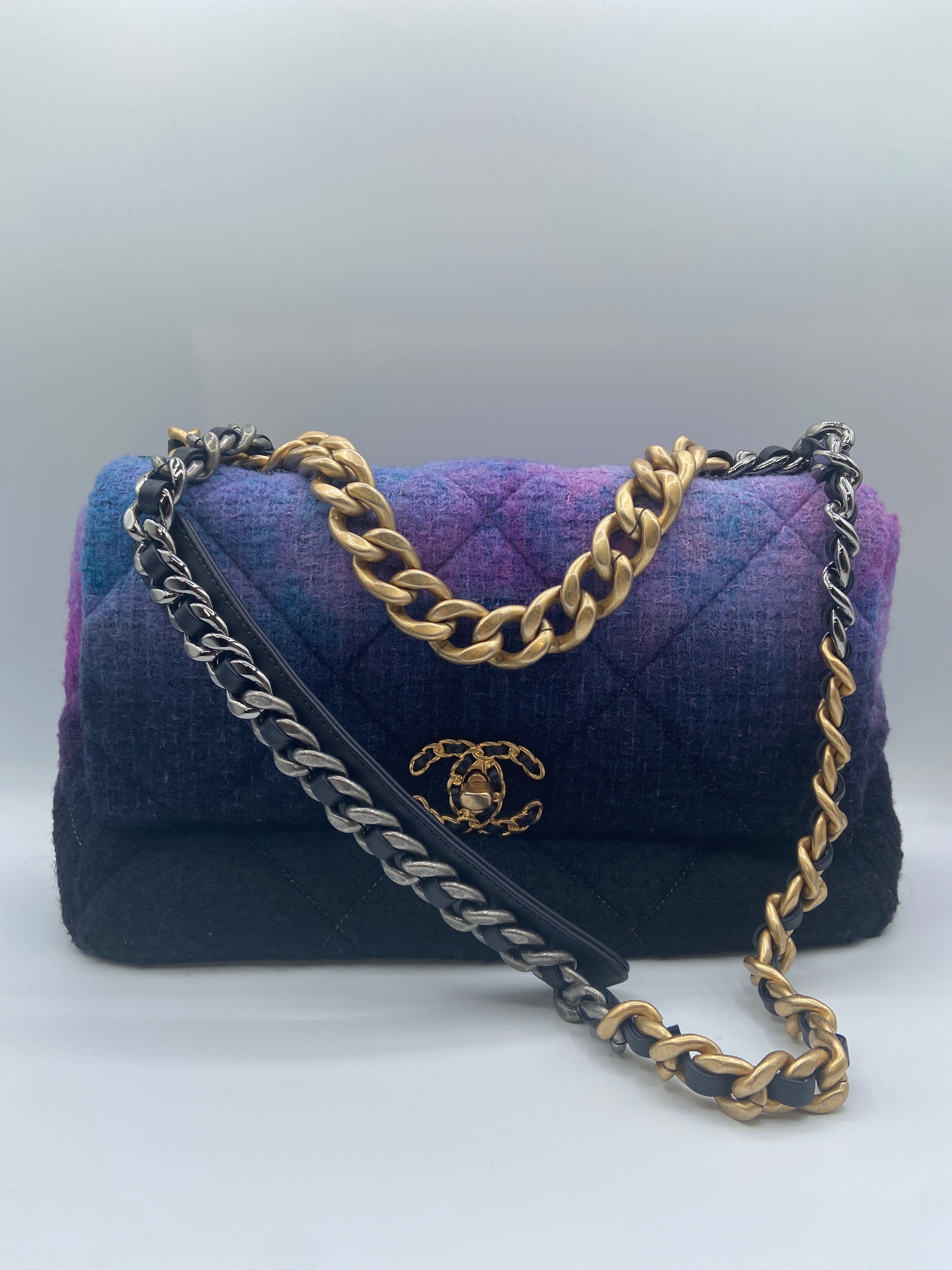 Chanel 19 Flap Bag in Purple, Blue & Black Wool Tweed with Mixed Metal Hardware