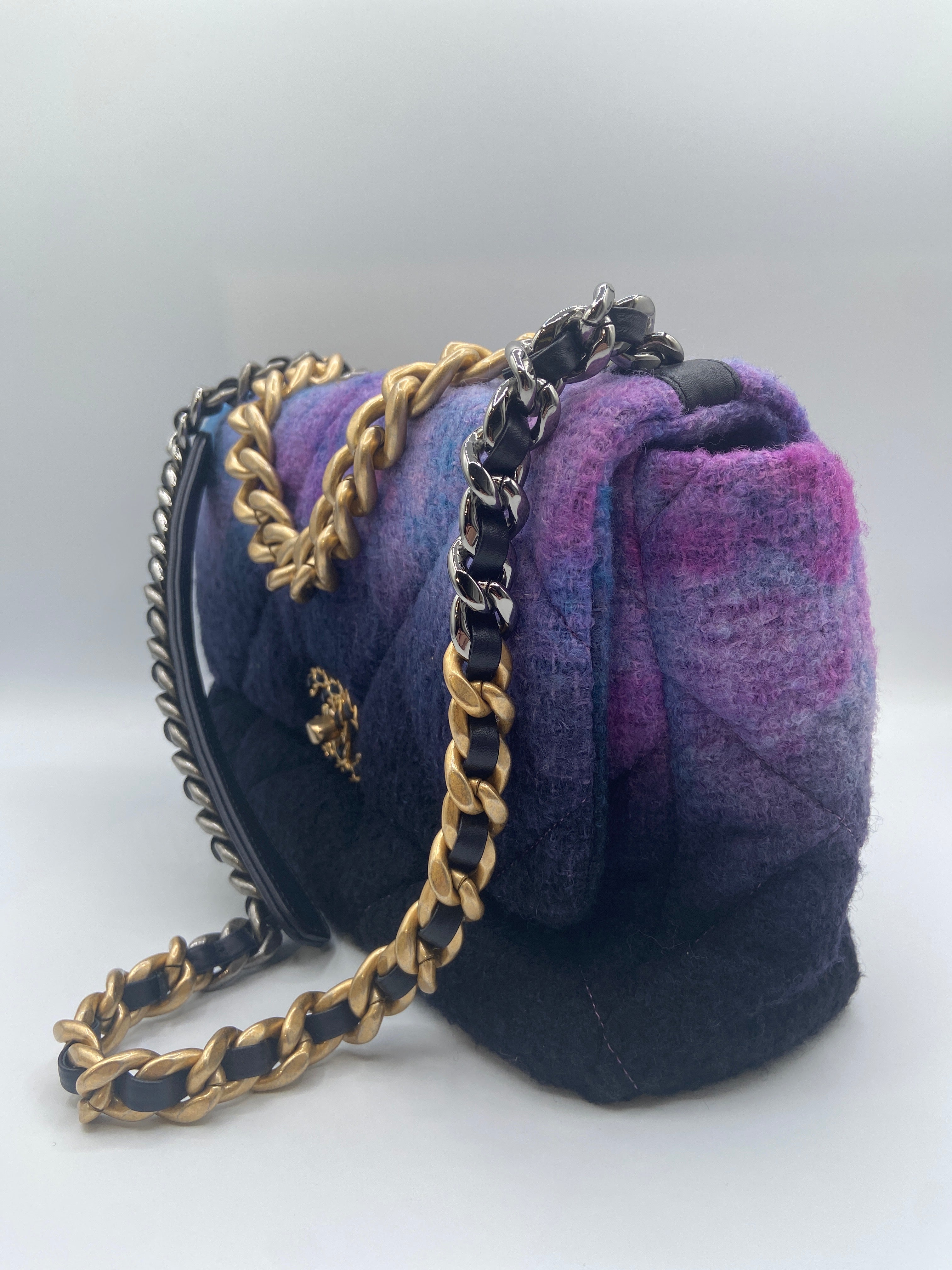 Chanel 19 Flap Bag in Purple, Blue & Black Wool Tweed with Mixed Metal Hardware