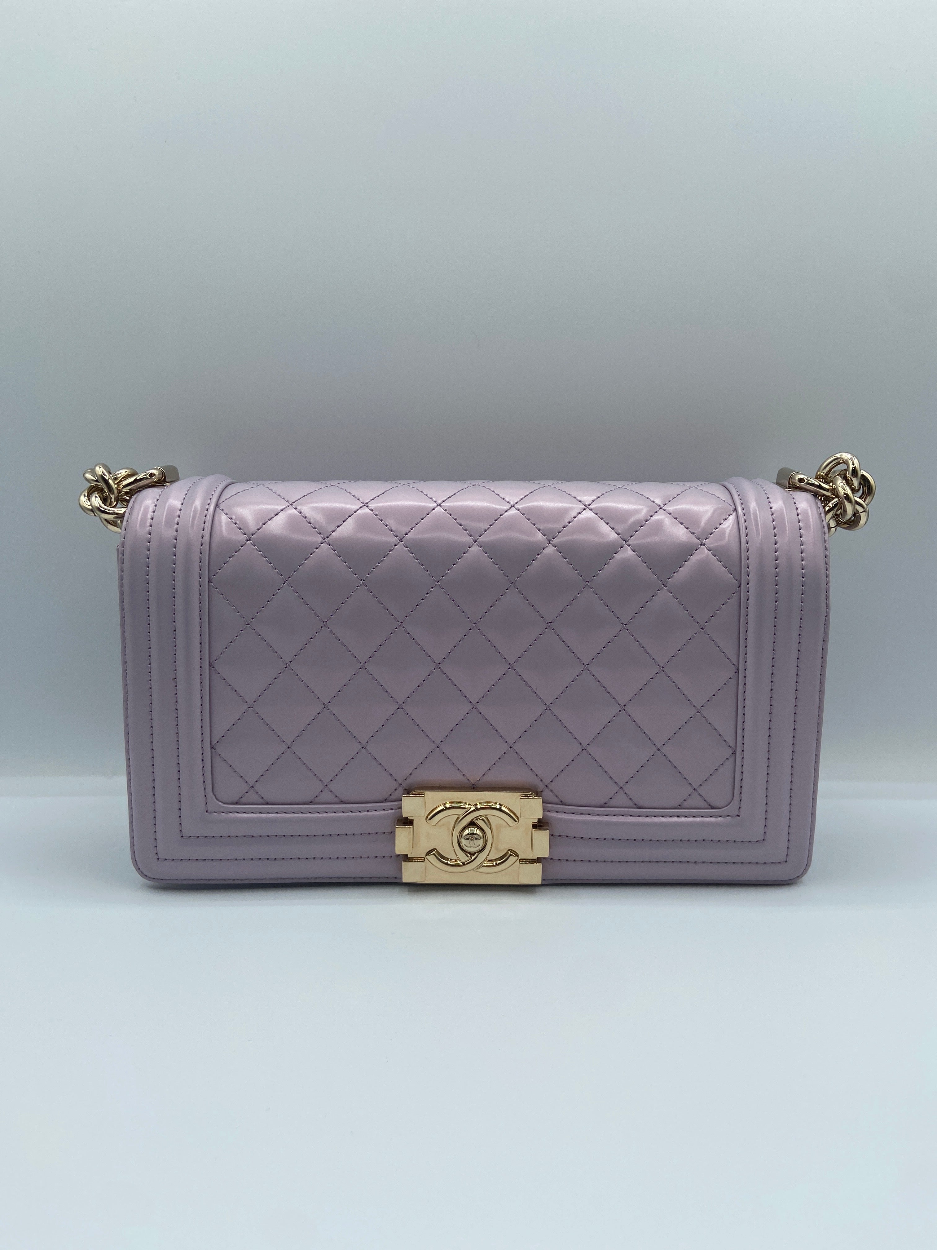 Chanel Boy Bag in Lilac Quilted Patent Leather with Gold-Tone Chain Strap