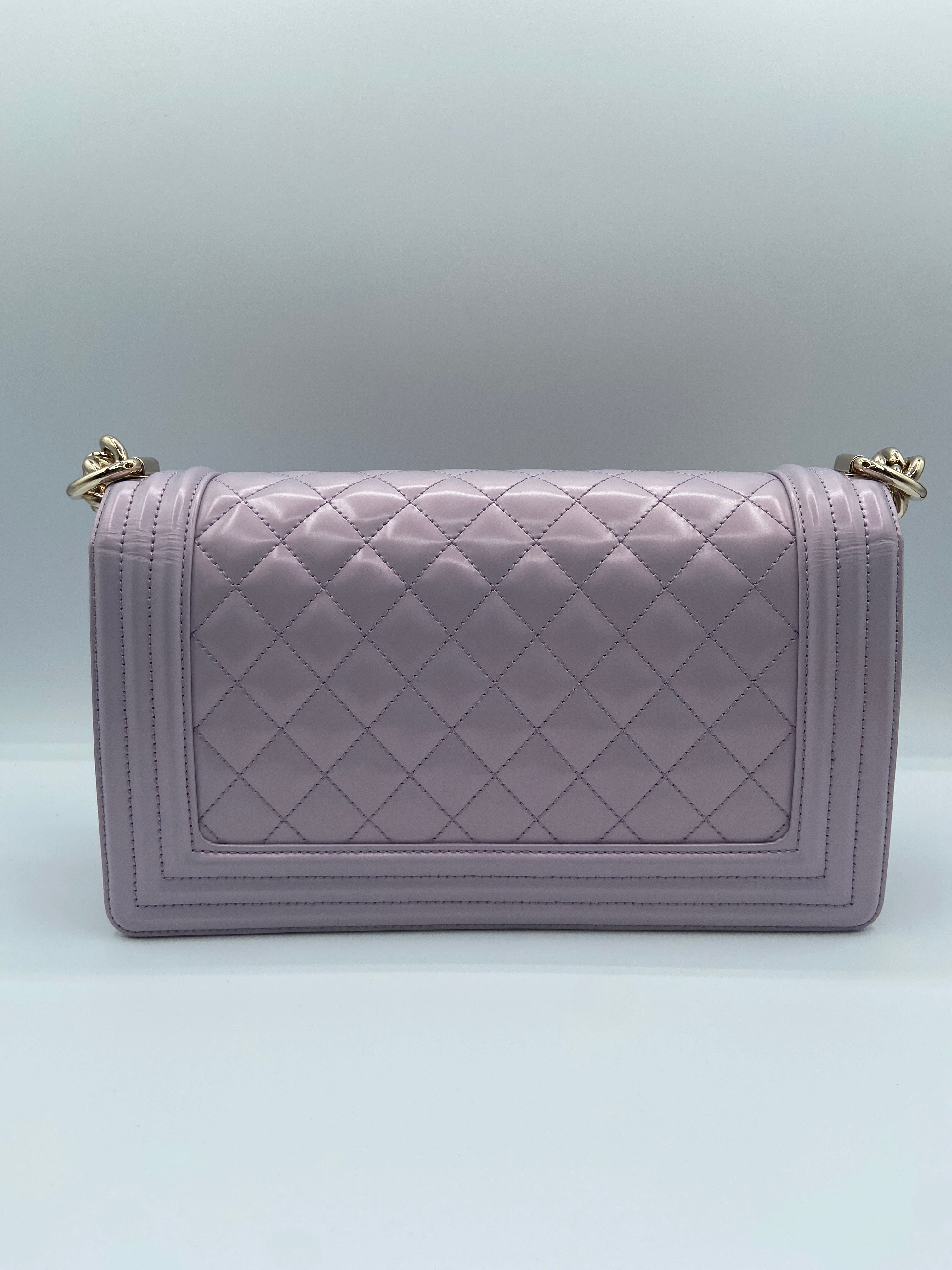 Chanel Boy Bag in Lilac Quilted Patent Leather with Gold-Tone Chain Strap