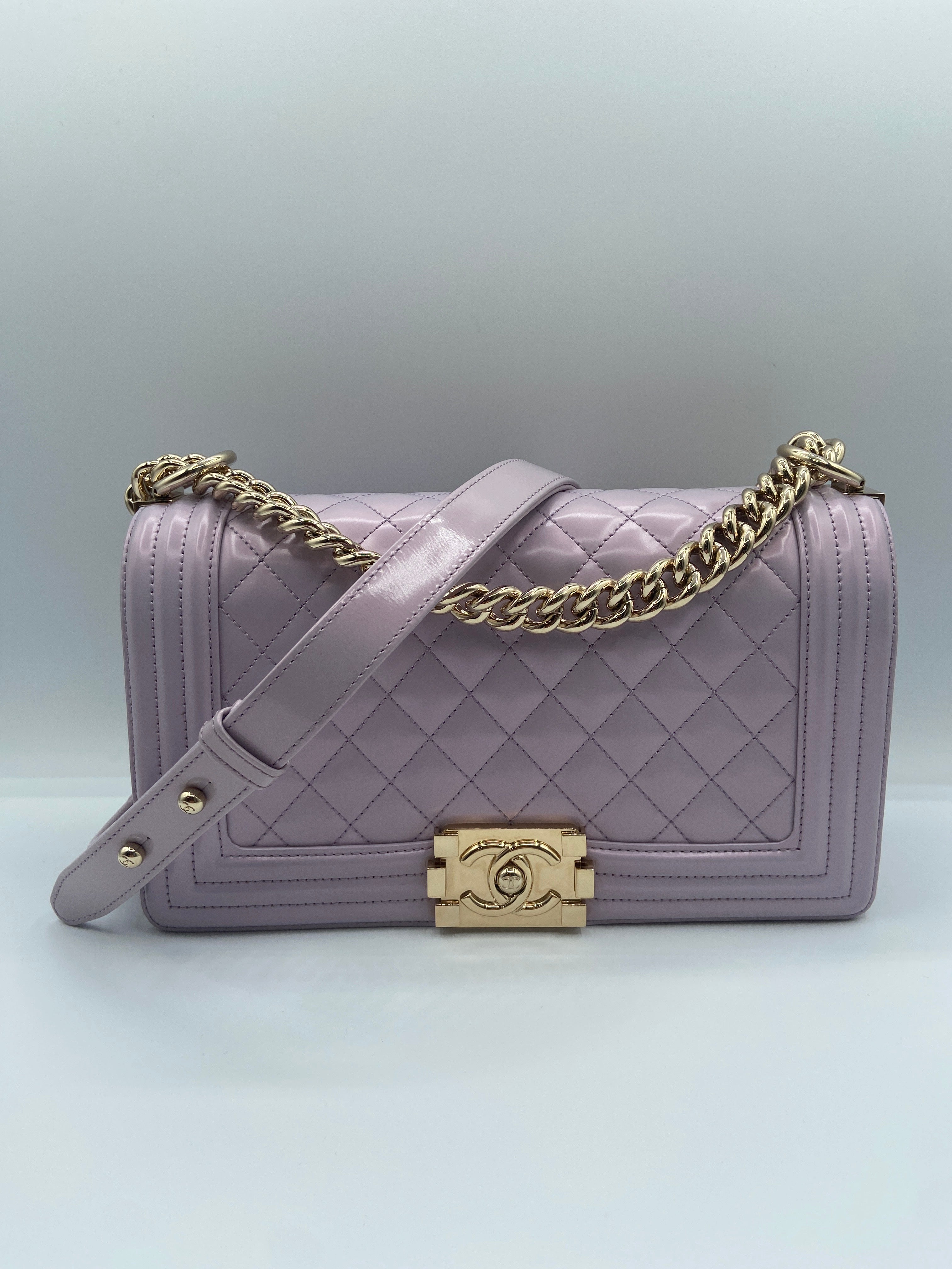 Chanel Boy Bag in Lilac Quilted Patent Leather with Gold-Tone Chain Strap