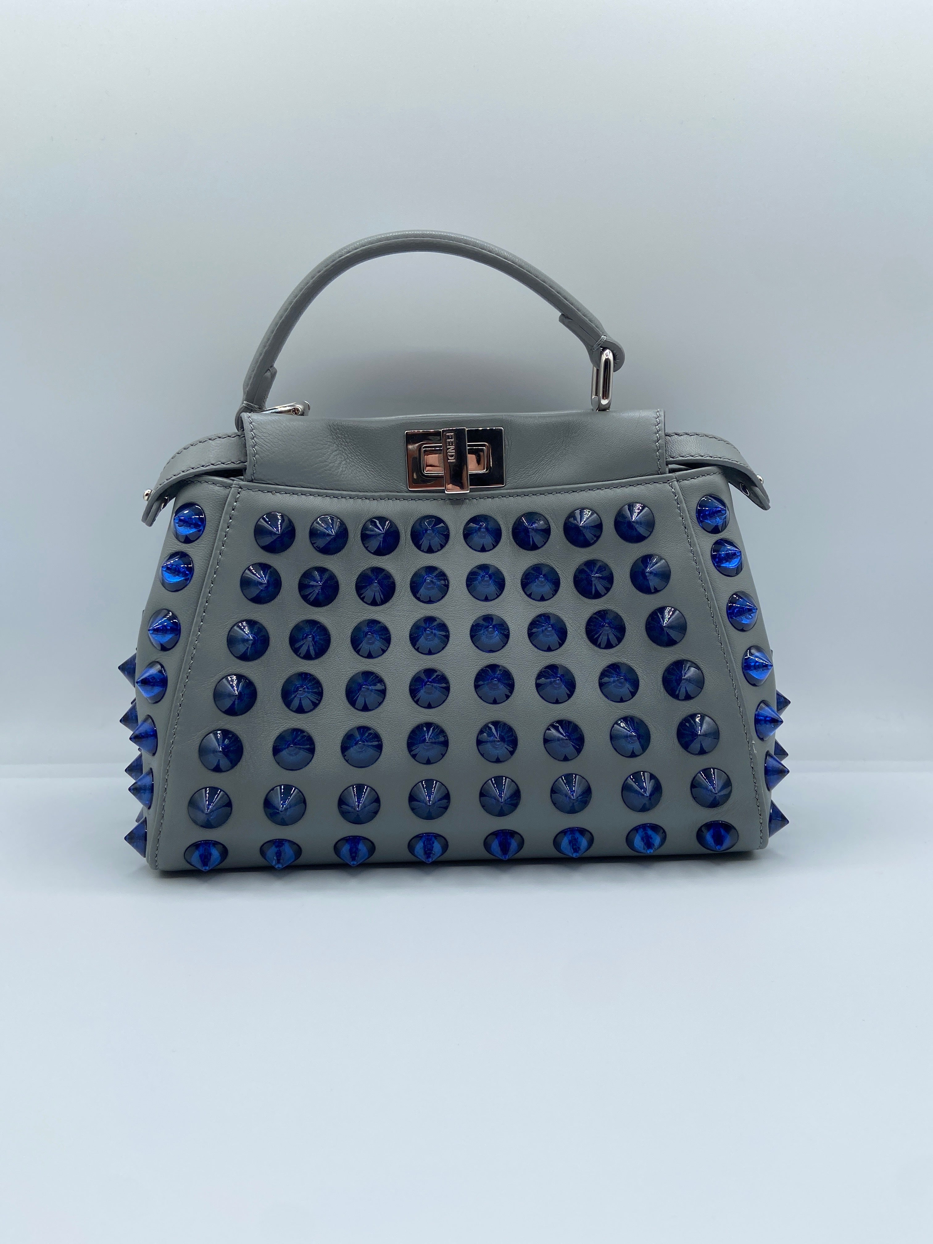 Fendi Mini Iconic Peekaboo bag in gray leather with blue studs