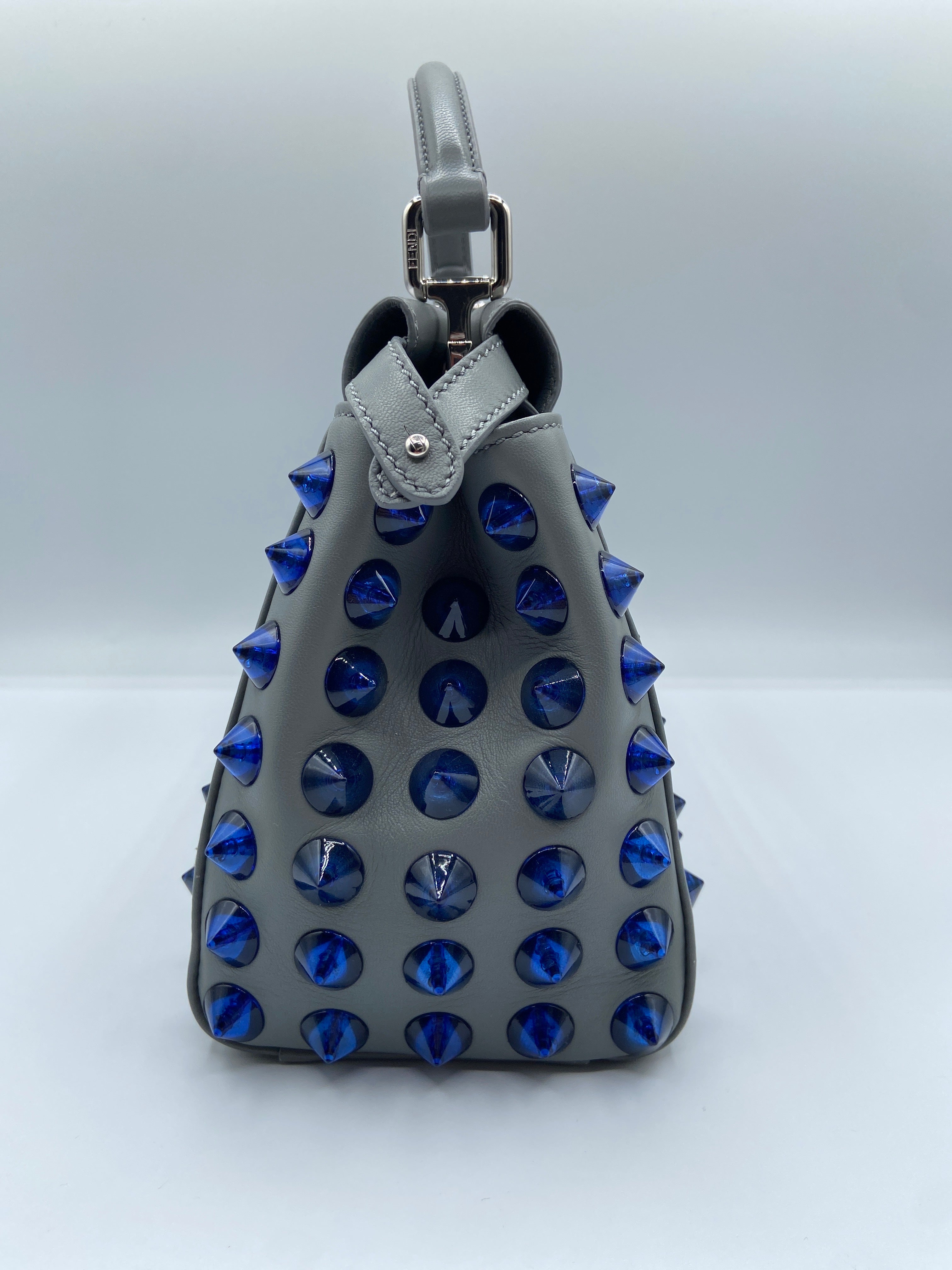Fendi Mini Iconic Peekaboo bag in gray leather with blue studs