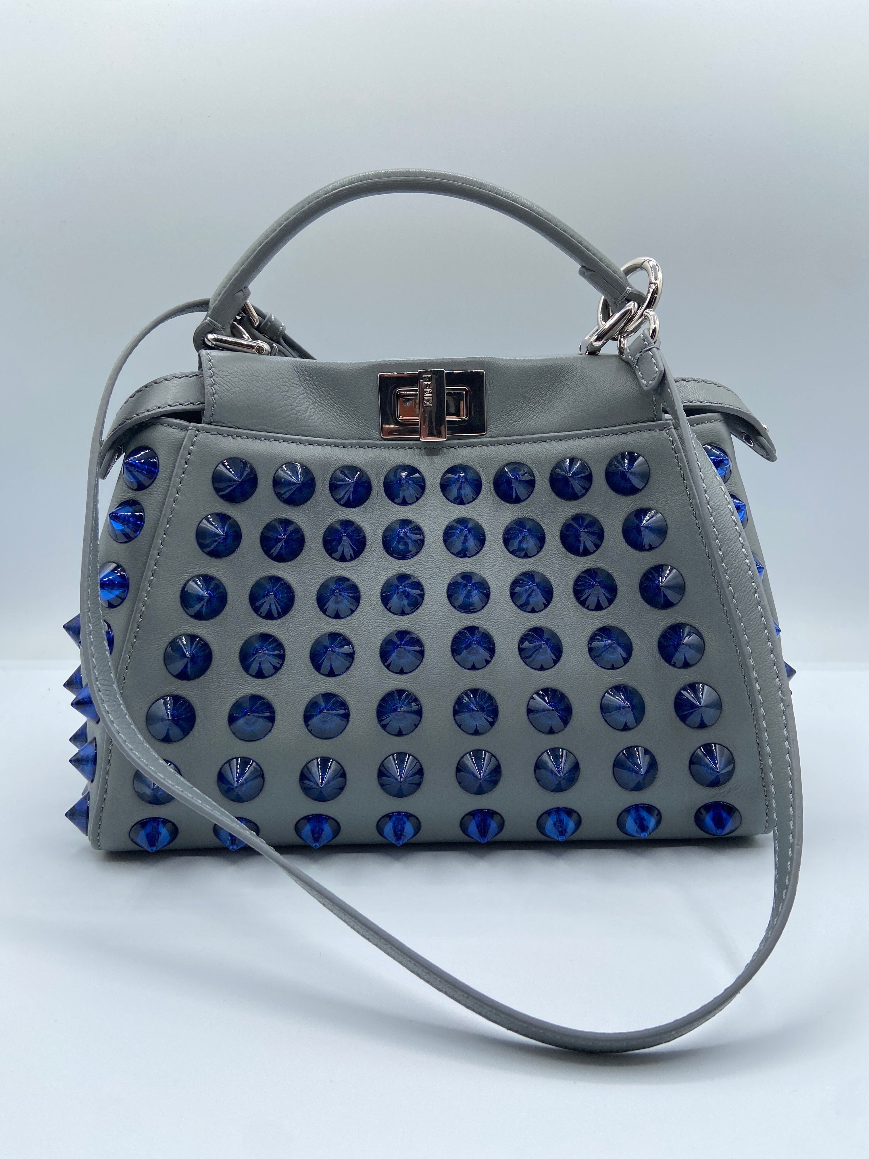 Fendi Mini Iconic Peekaboo bag in gray leather with blue studs