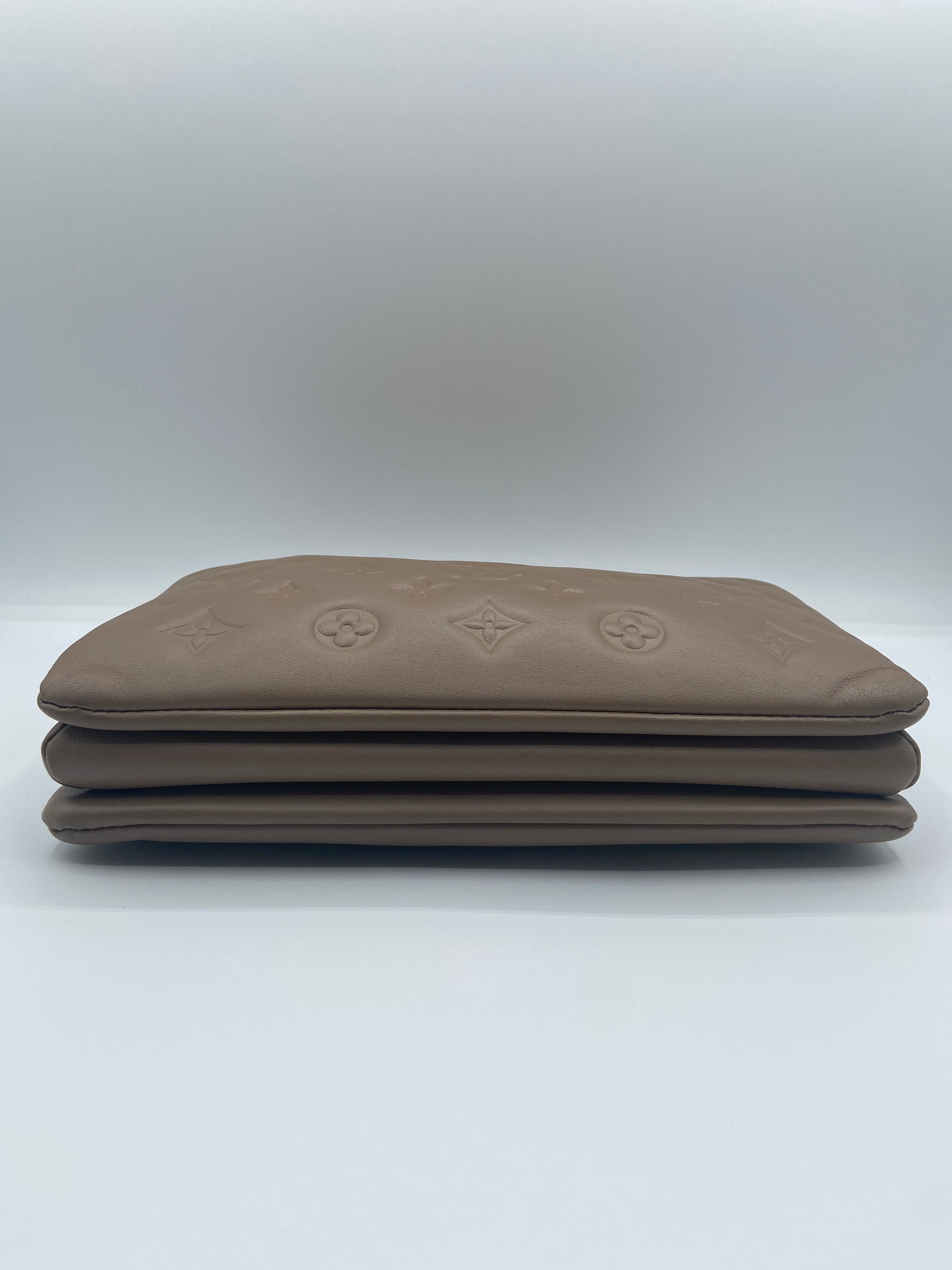 Pre-owned Louis Vuitton Coussin PM in Taupe Embossed Lambskin with Gold Chain & Fabric Strap (Entrupy Certified)