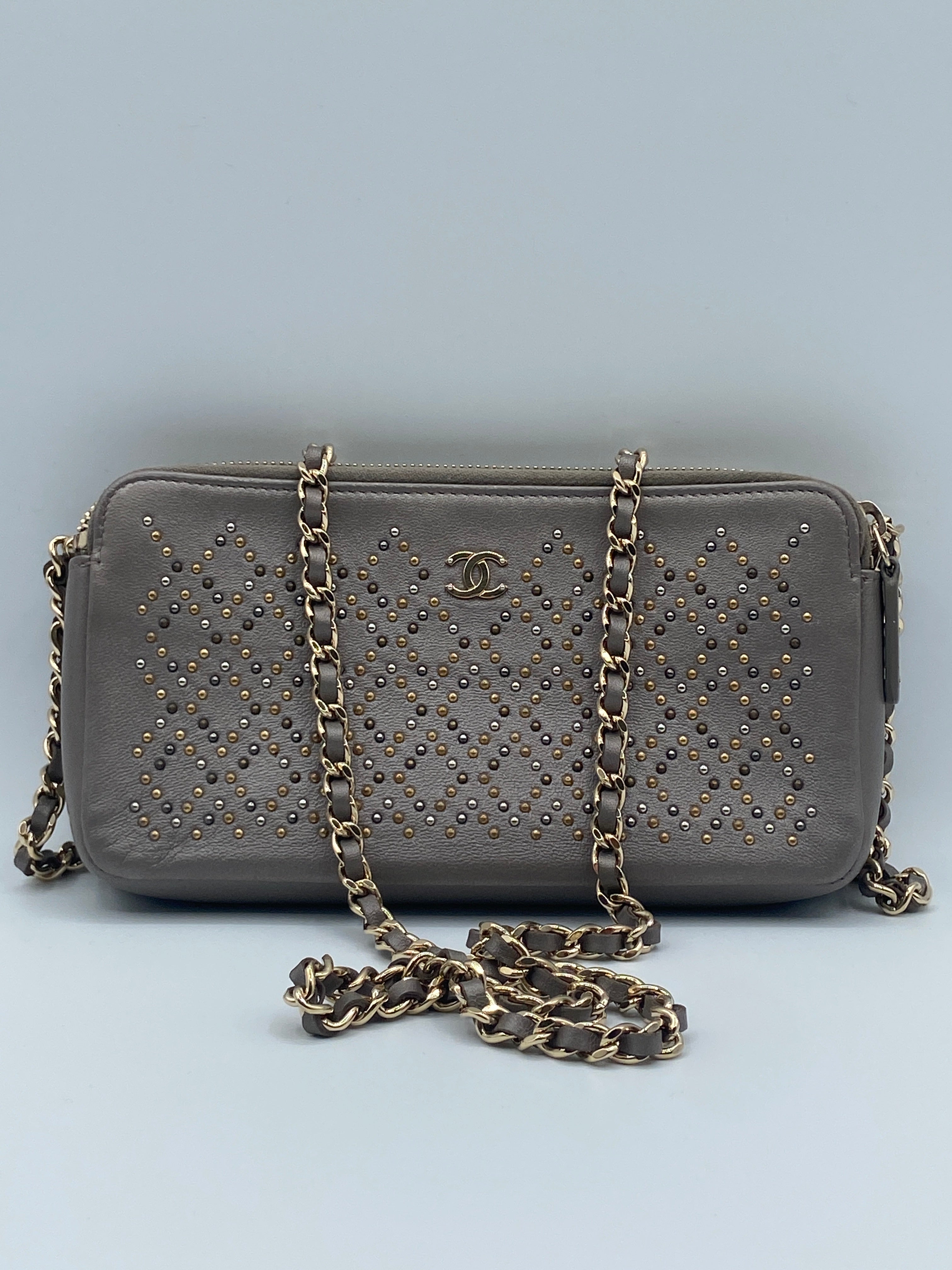 Chanel Studded Crossbody Pochette – Gray Leather