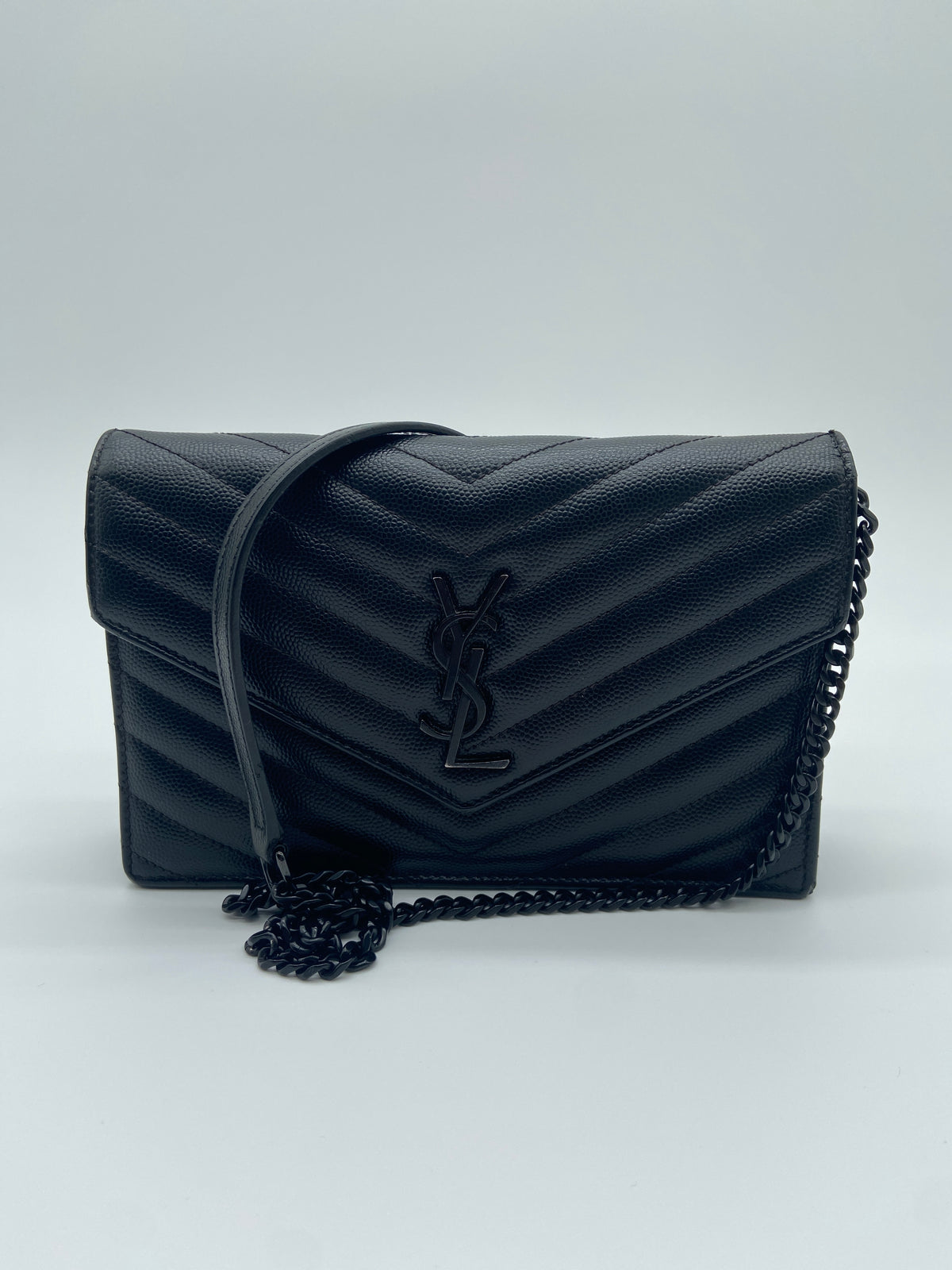 Saint Laurent Cassandre Envelope Chain wallet in black grain de poudre matelassé textured-leather with black hardware image 1
