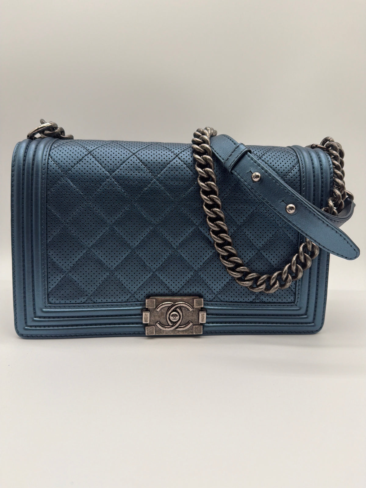 Chanel Metallic Blue Perforated Quilted Lambskin Old Medium Boy  image 1