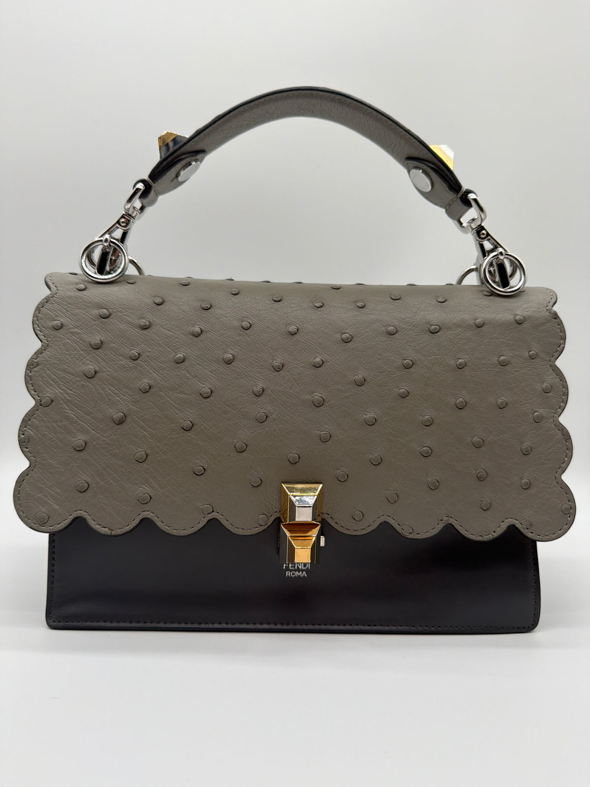Fendi Kan I in grey ostrich-embossed scalloped flap image 1