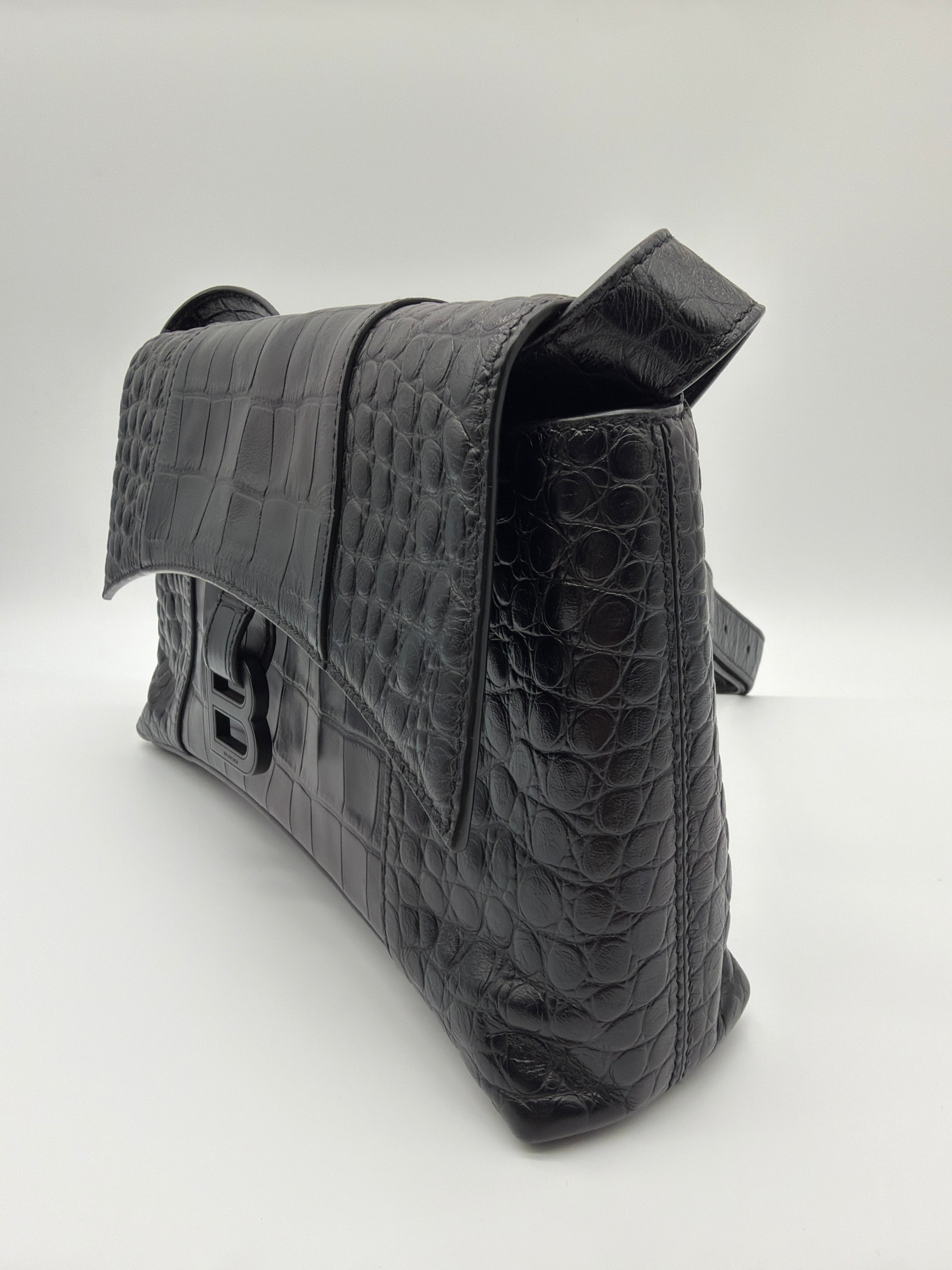 Balenciaga Downtown XS in black crocodile-embossed