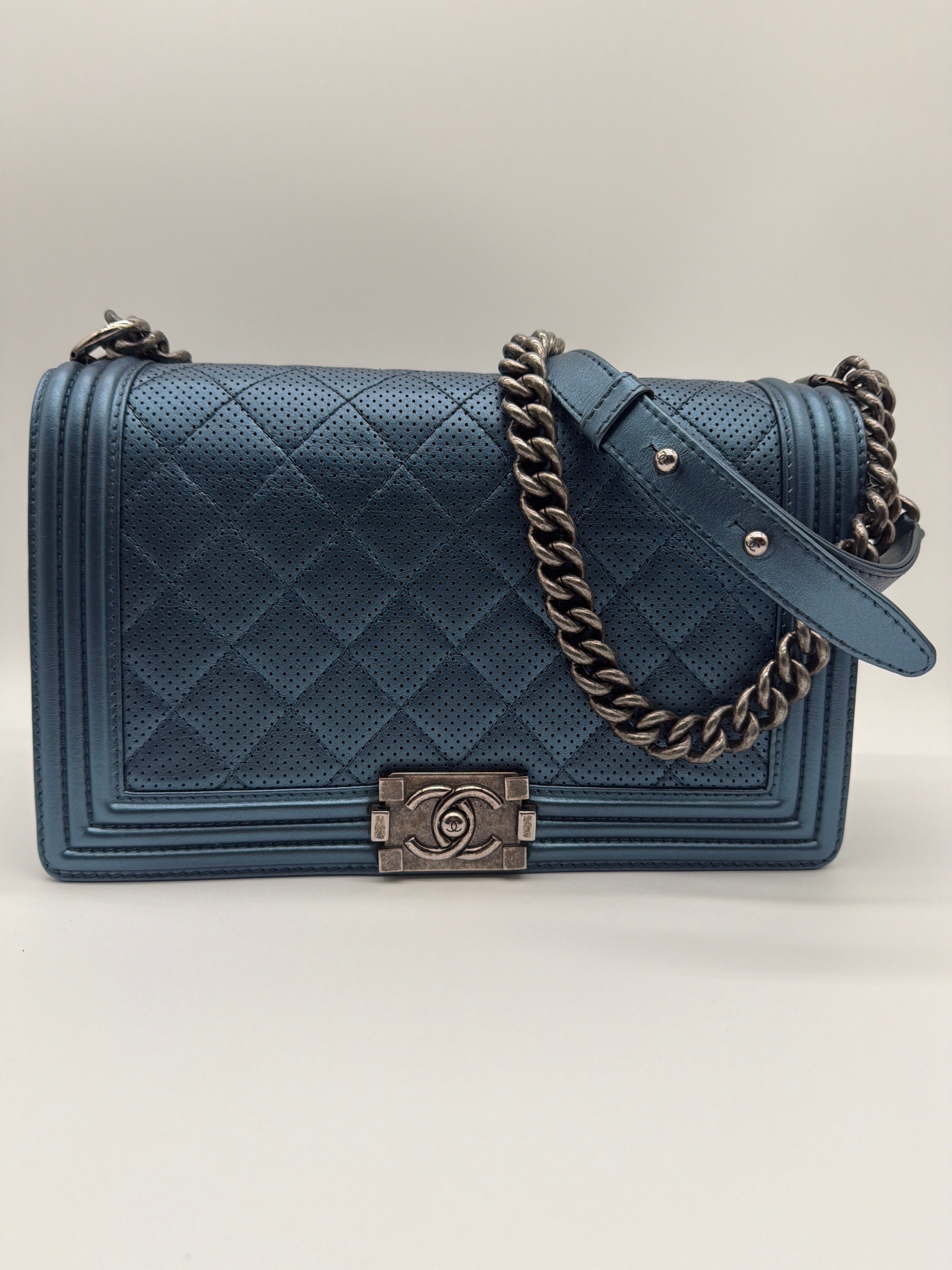 Chanel Metallic Blue Perforated Quilted Lambskin Old Medium Boy — image 1