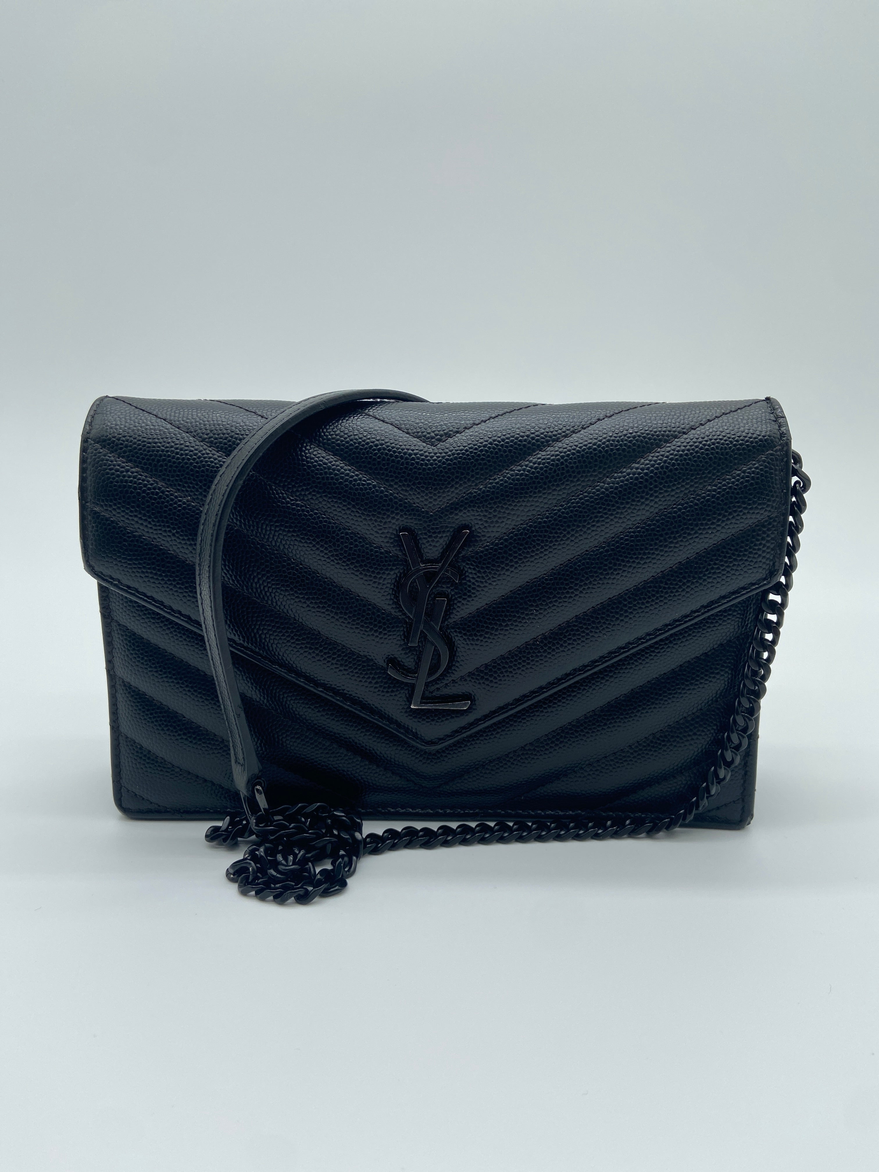 Saint Laurent Cassandre Envelope Chain wallet in black grain de poudre matelassé textured-leather with black hardware — image 1