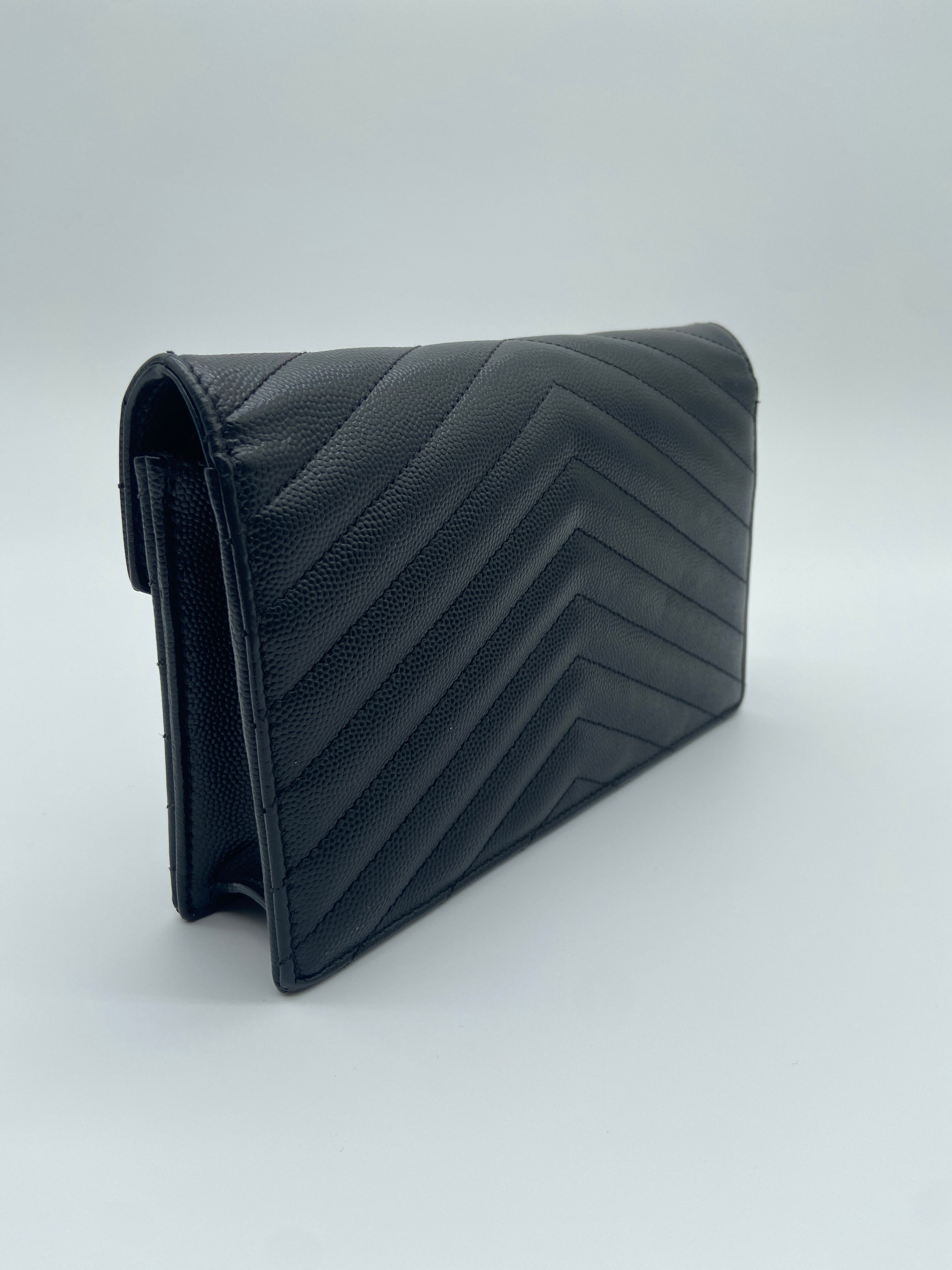 Saint Laurent Cassandre Envelope Chain wallet in black grain de poudre matelassé textured-leather with black hardware — image 5