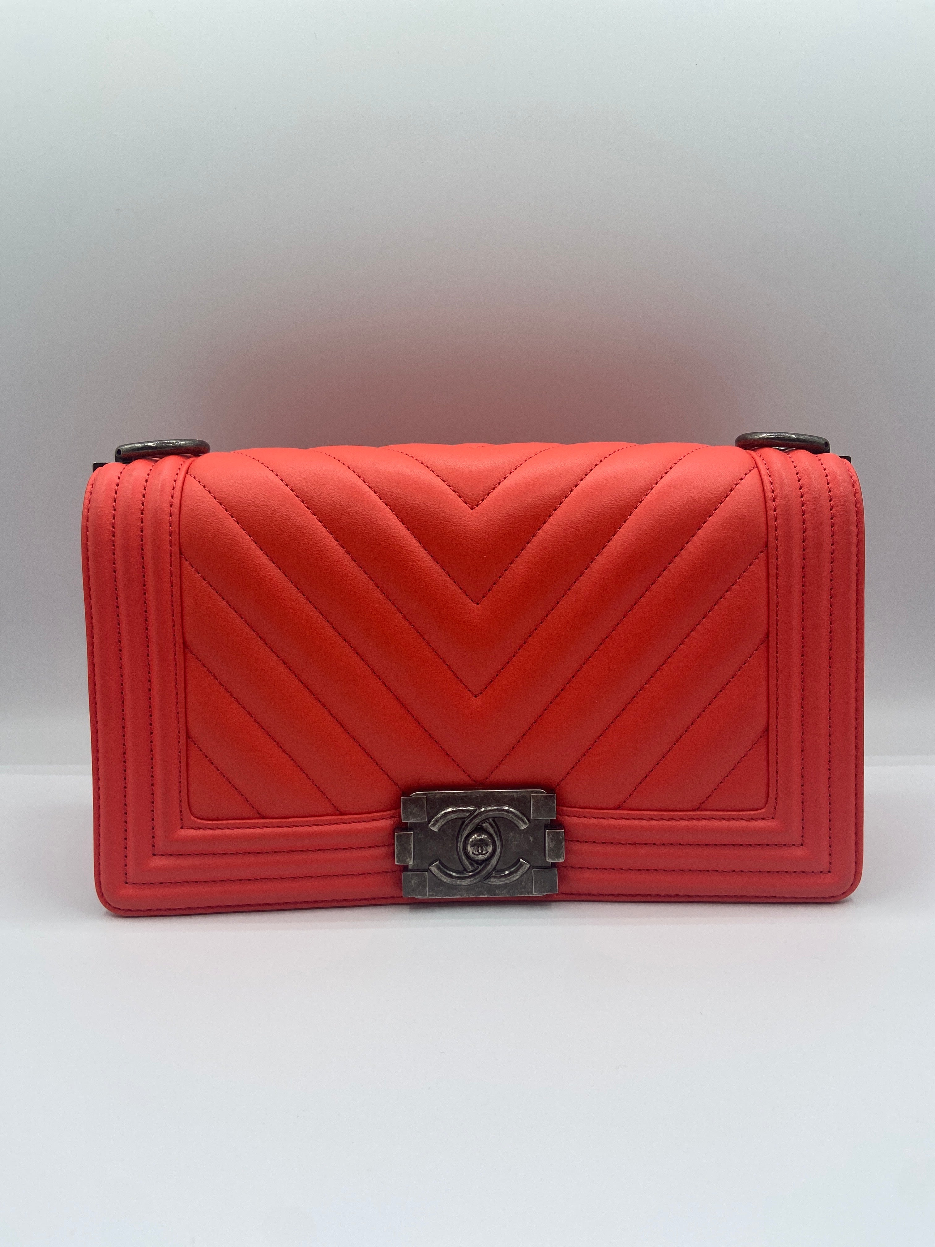 Chanel Le Boy Bag – Chevron Quilted Lambskin in Salmon/Coral