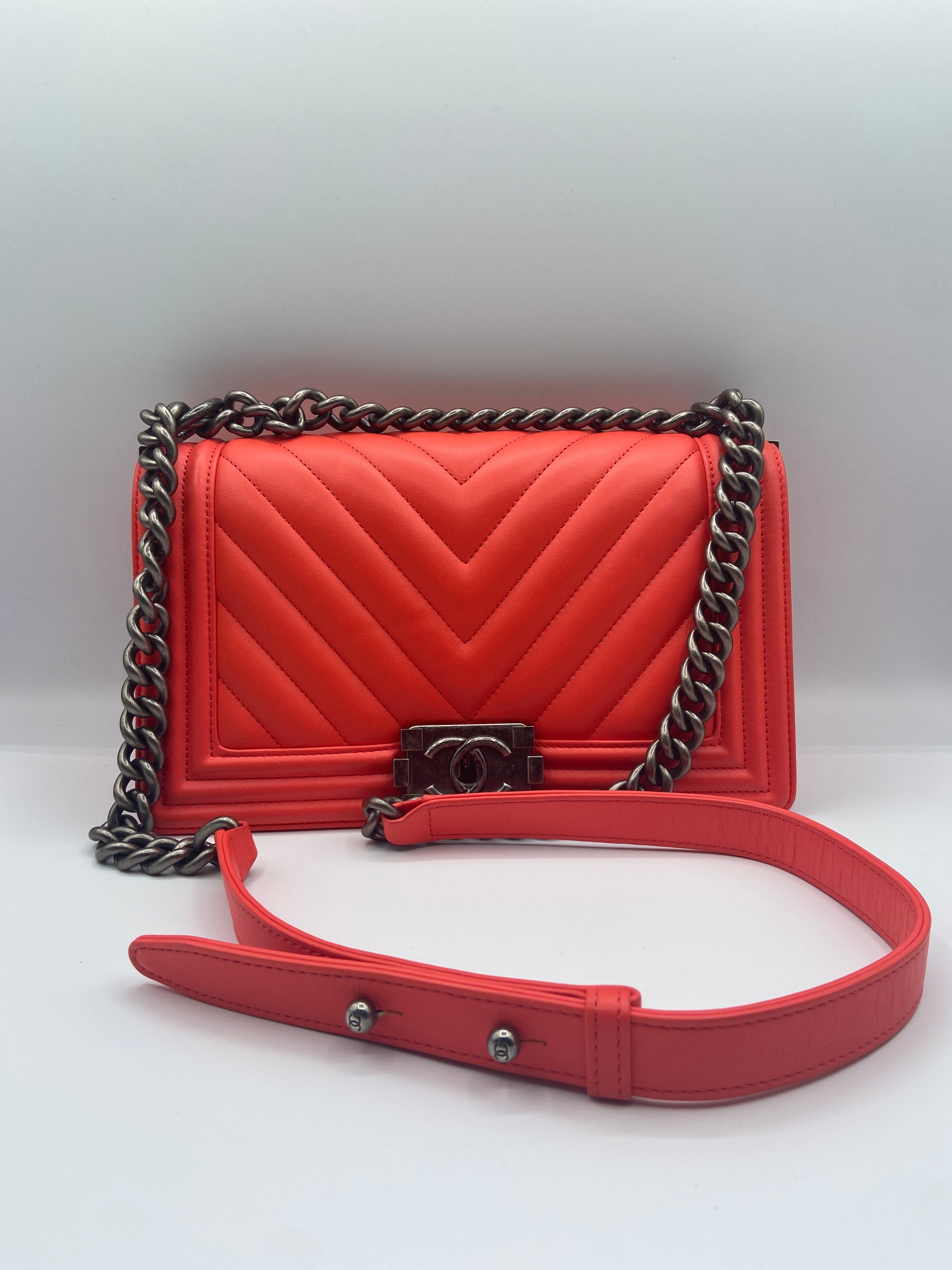 Chanel Le Boy Bag – Chevron Quilted Lambskin in Salmon/Coral