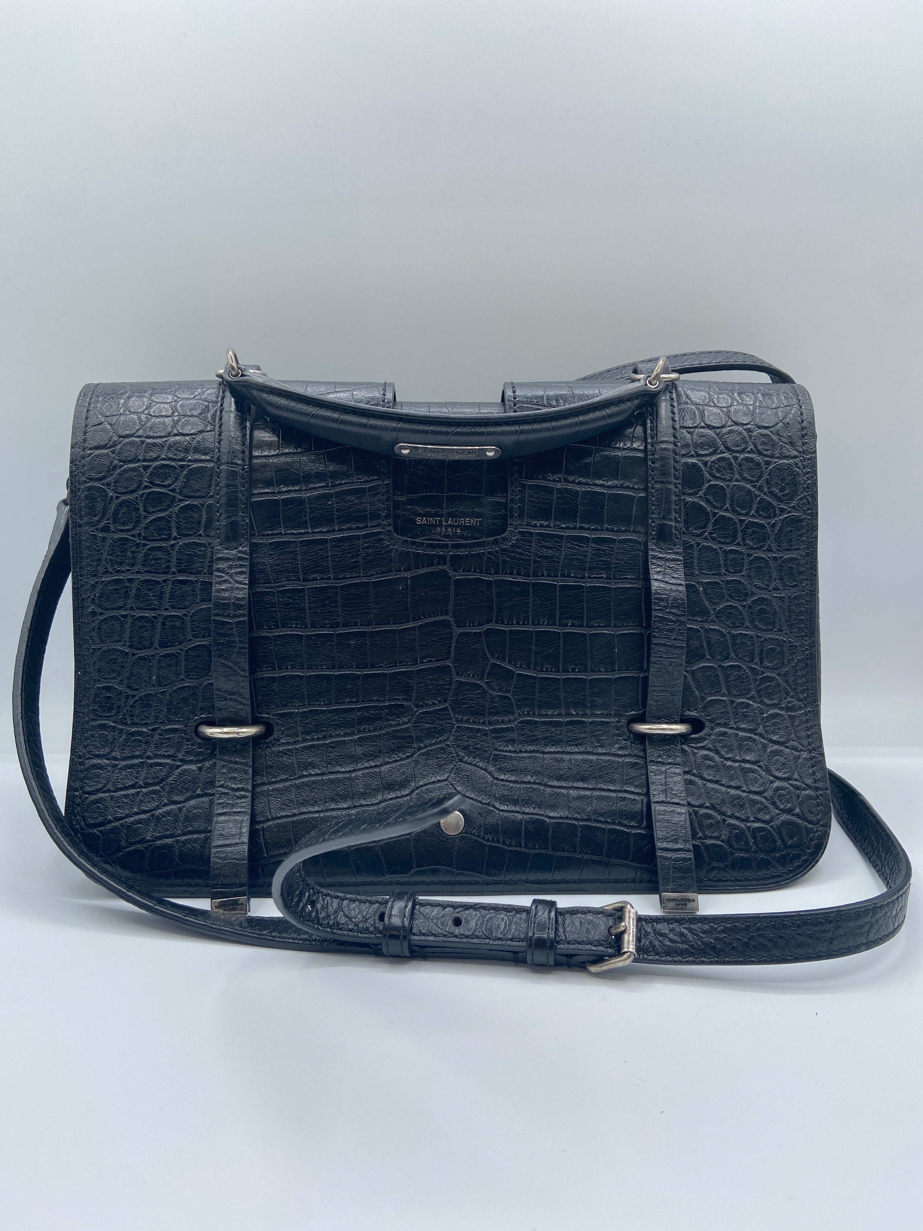 Saint Laurent Charlotte Messenger Bag – Black Crocodile-Embossed Leather