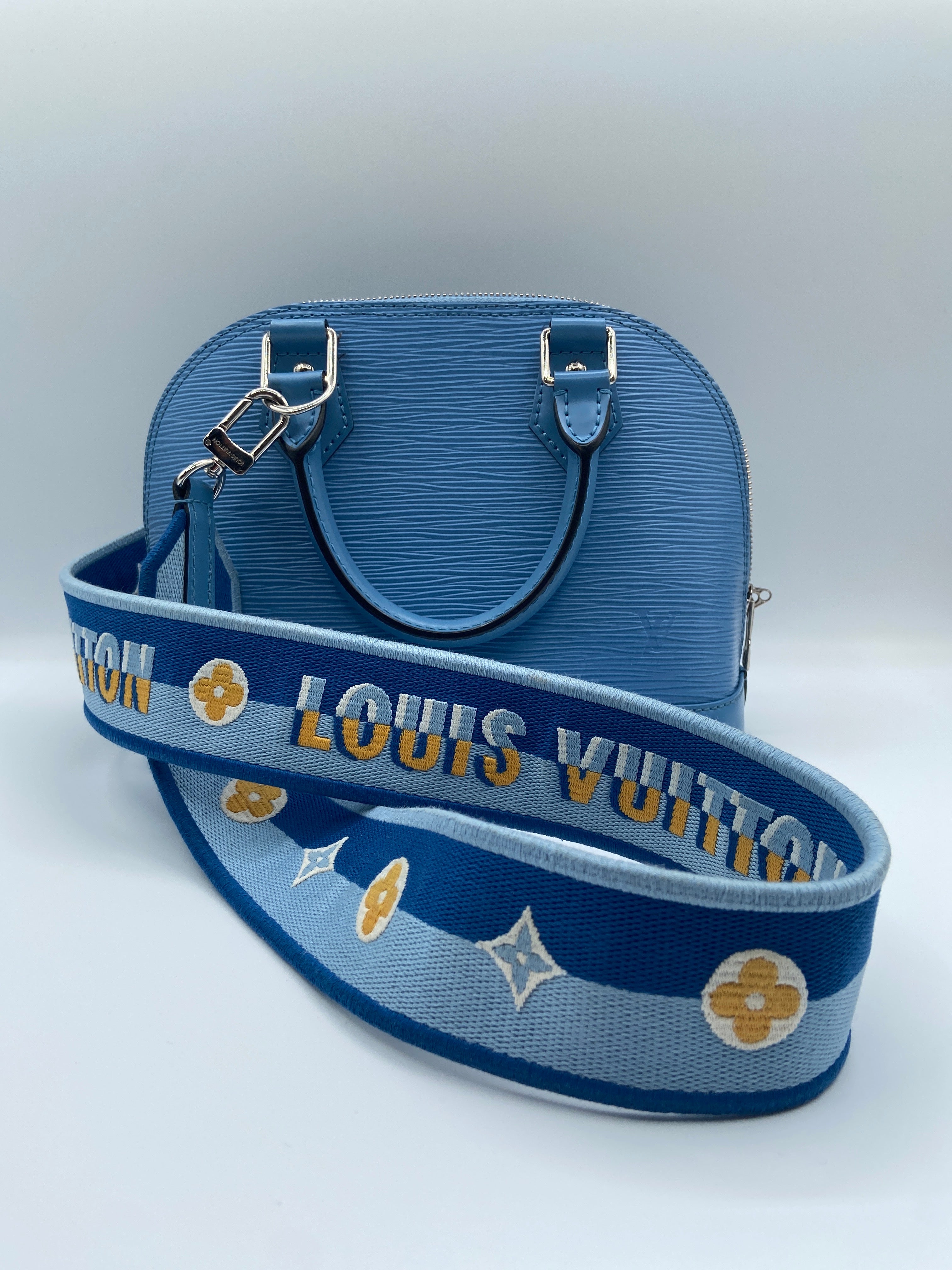 Louis Vuitton Alma BB in Bleuet Epi Leather with Jacquard Strap