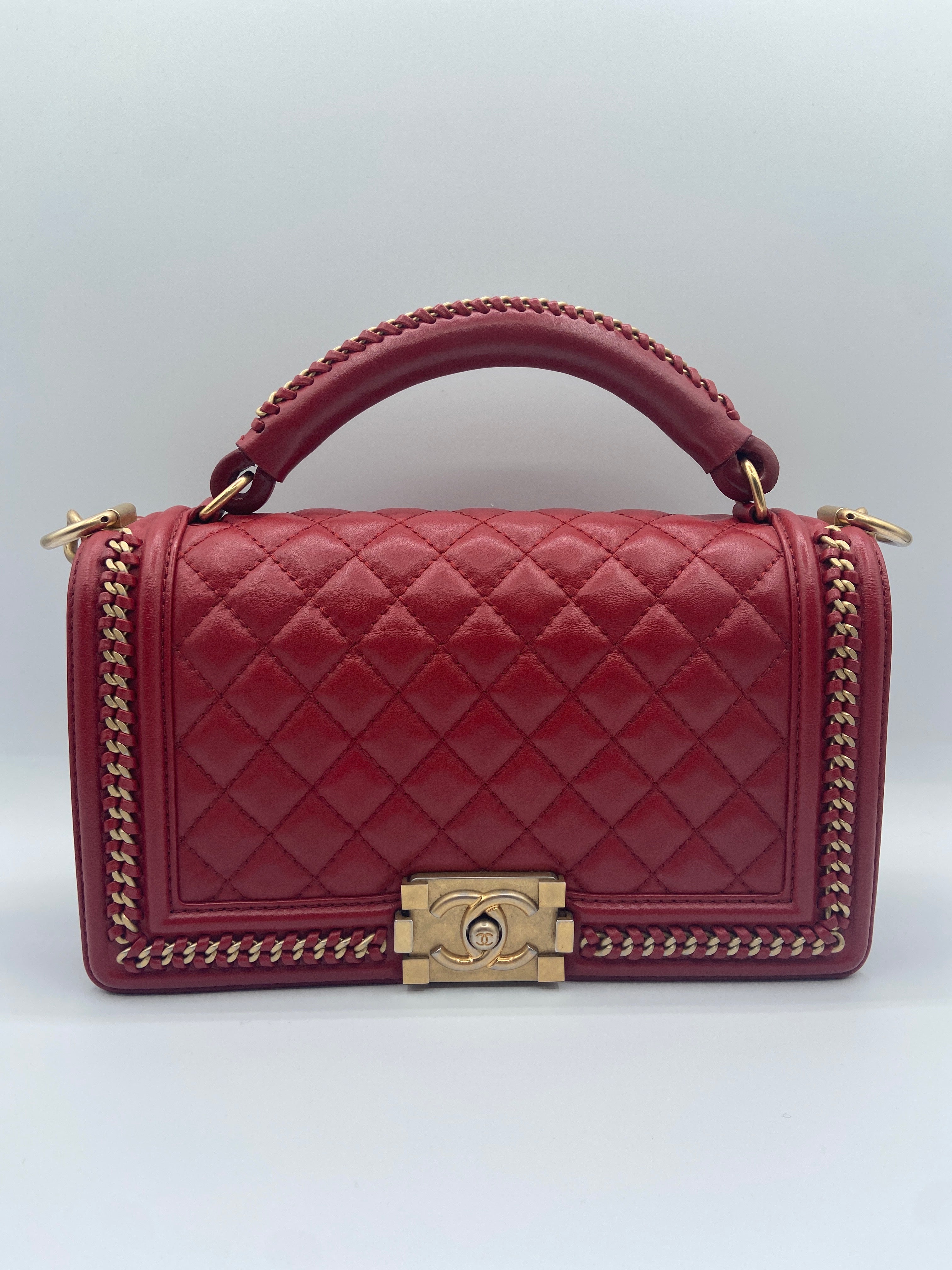 Chanel Boy Bag in Red Quilted Calfskin with Aged Gold Hardware