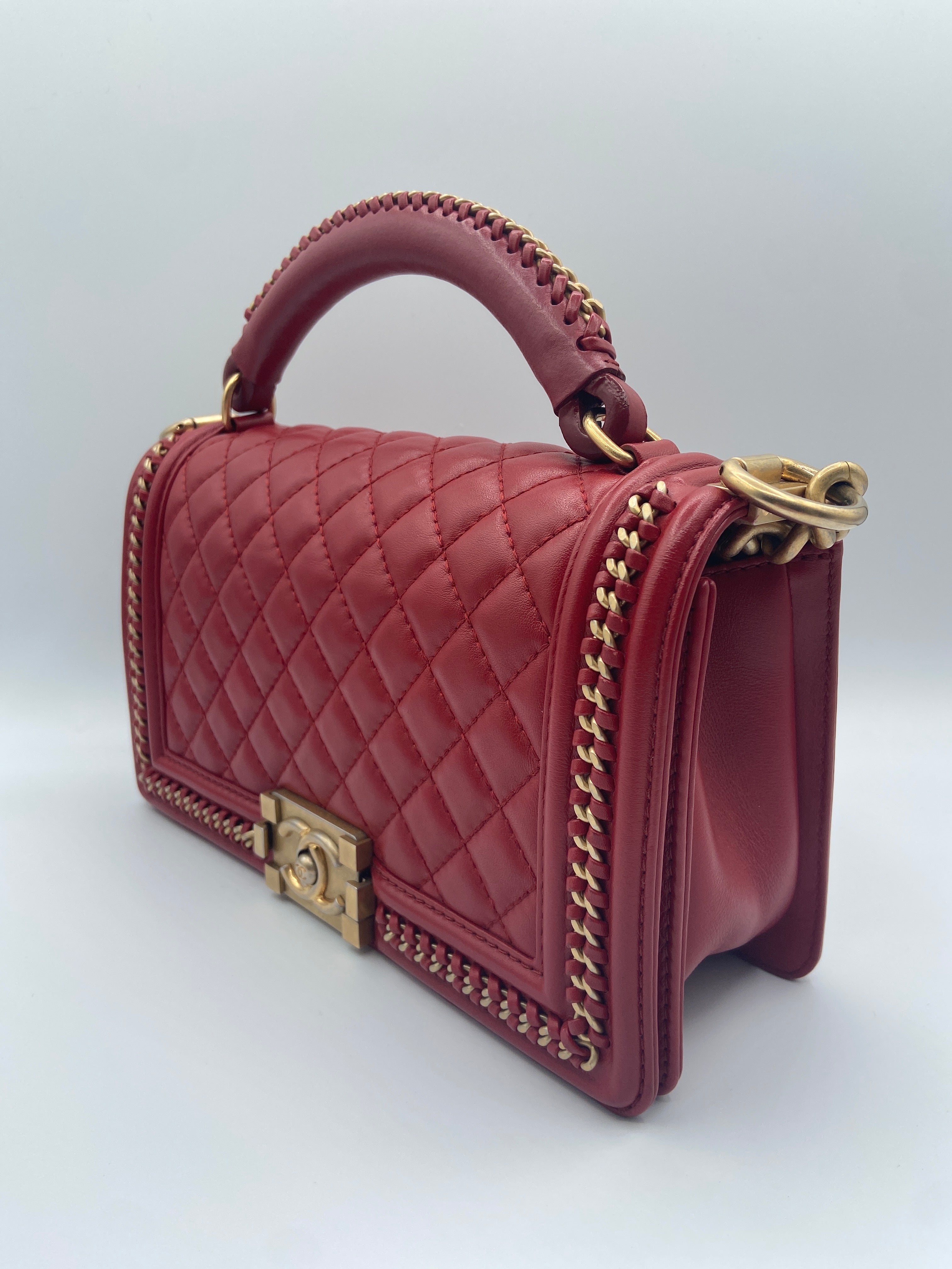 Chanel Boy Bag in Red Quilted Calfskin with Aged Gold Hardware
