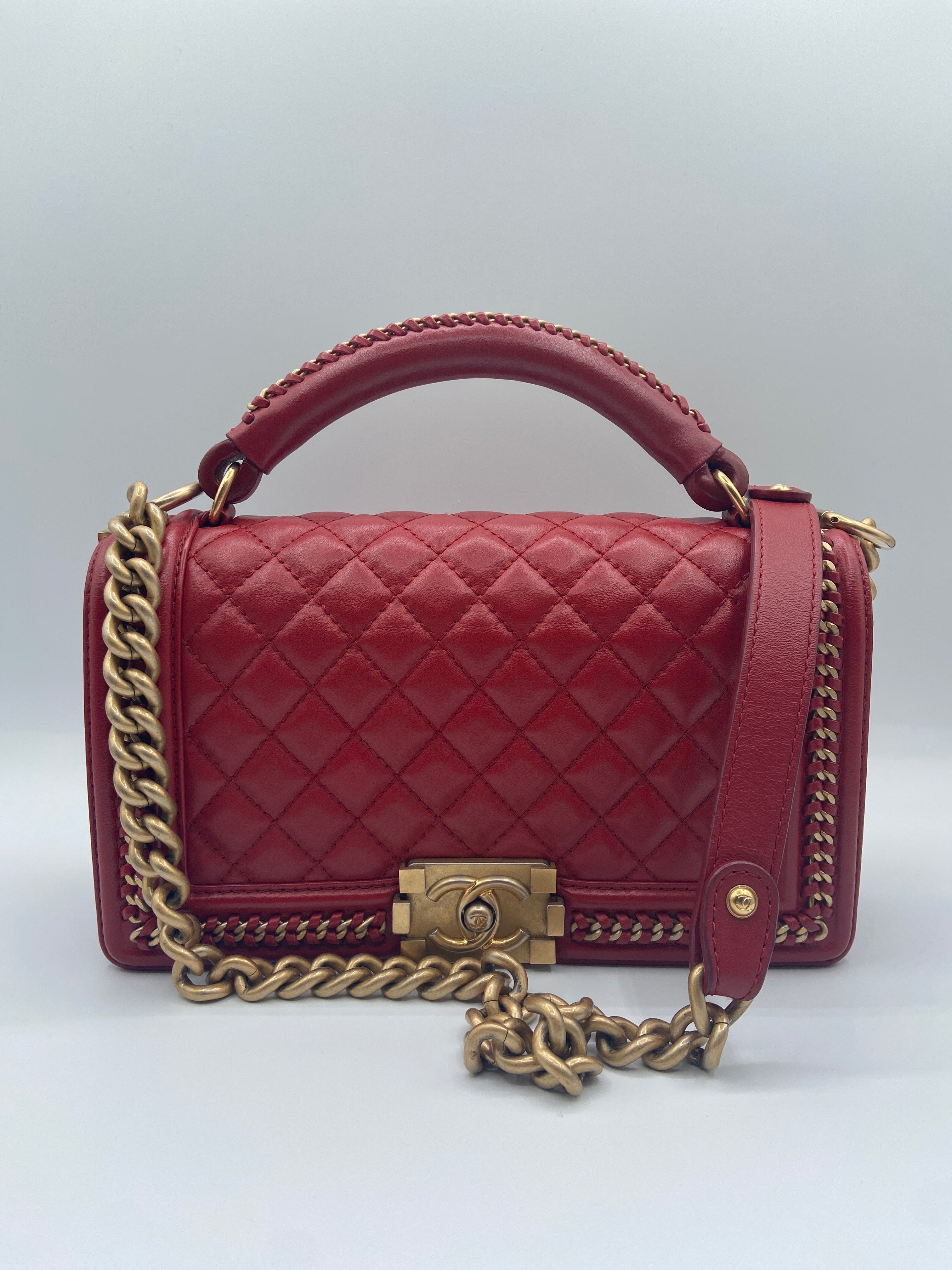 Chanel Boy Bag in Red Quilted Calfskin with Aged Gold Hardware