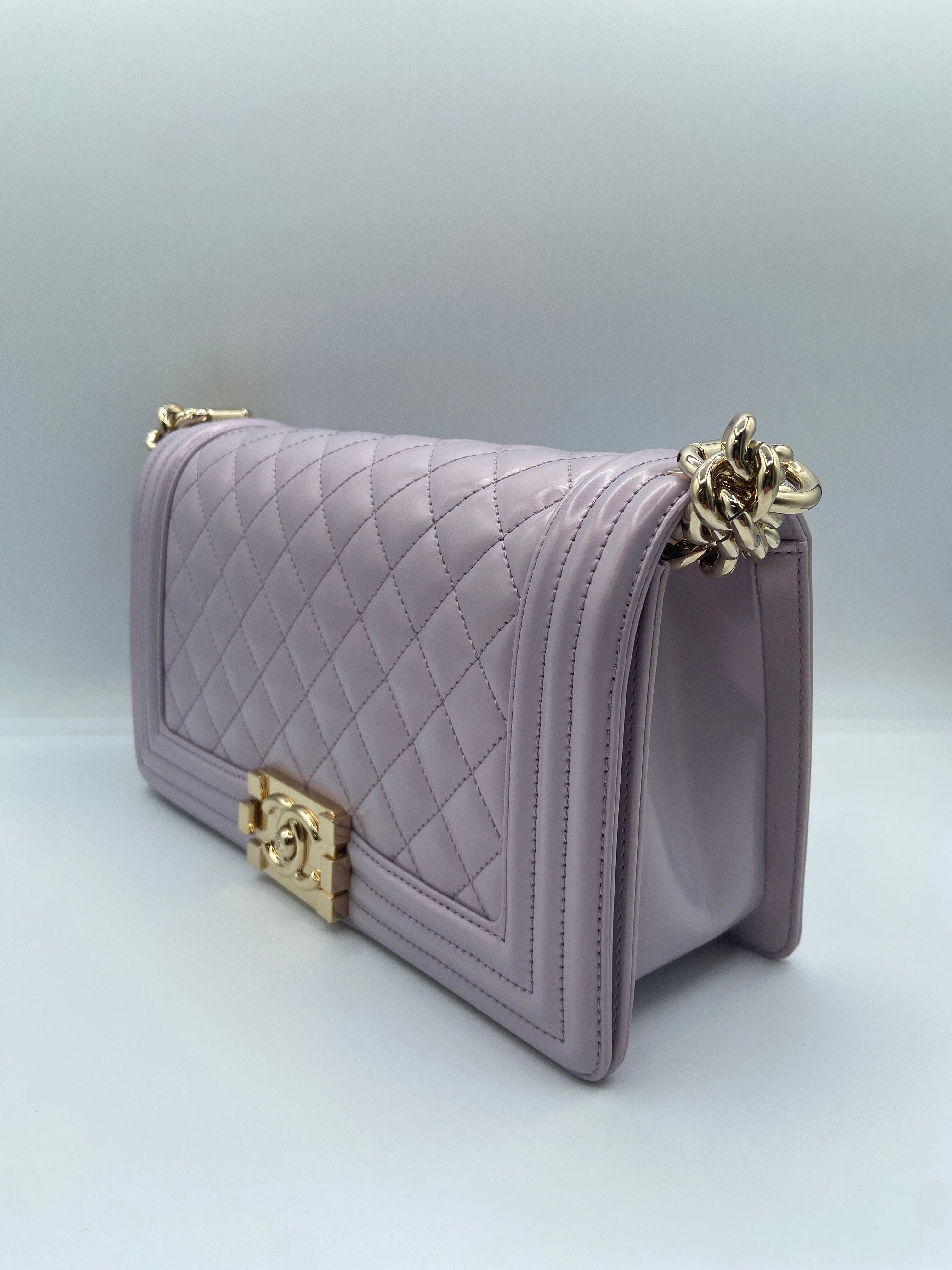 Chanel Boy Bag in Lilac Quilted Patent Leather with Gold-Tone Chain Strap