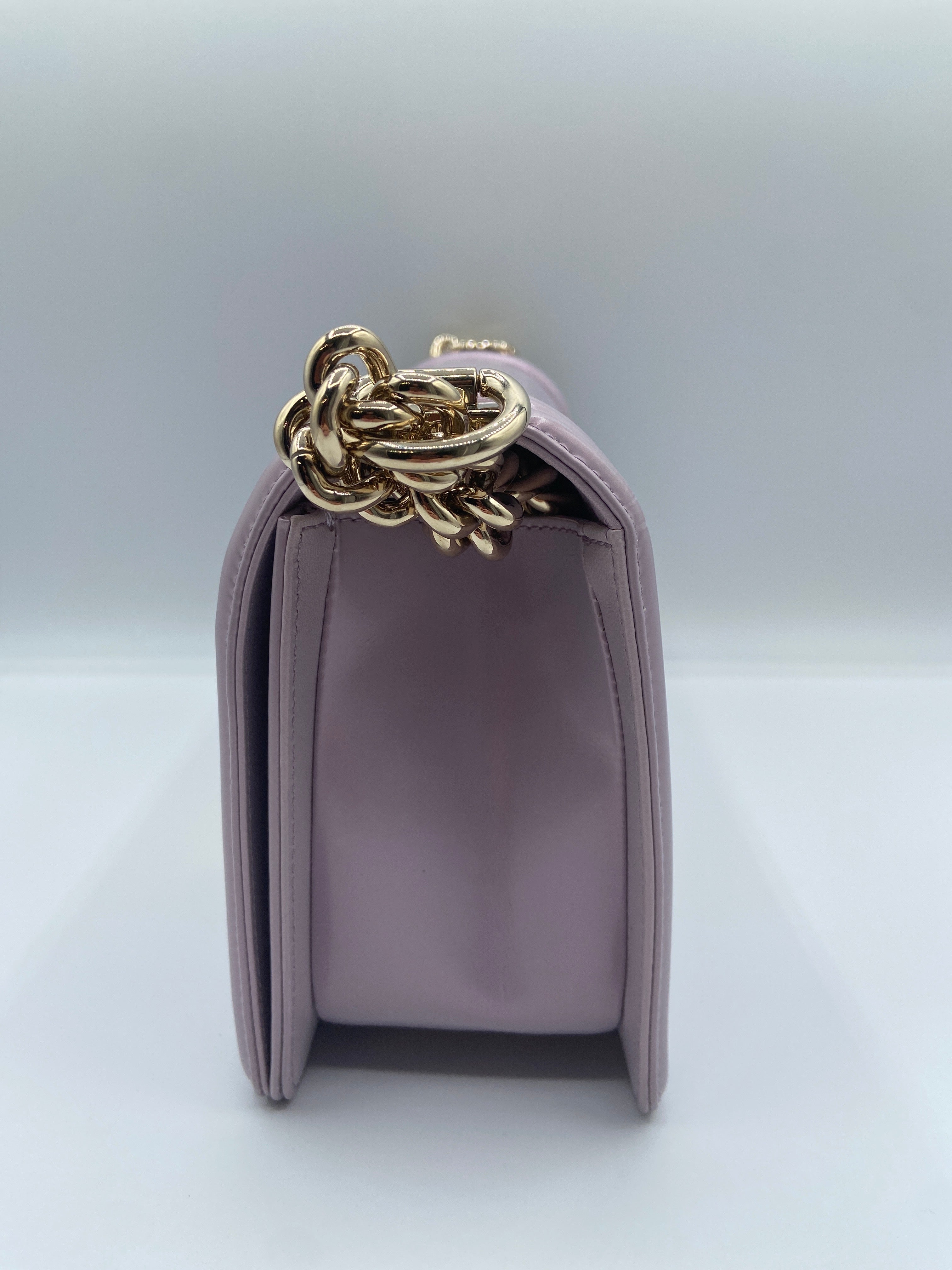 Chanel Boy Bag in Lilac Quilted Patent Leather with Gold-Tone Chain Strap