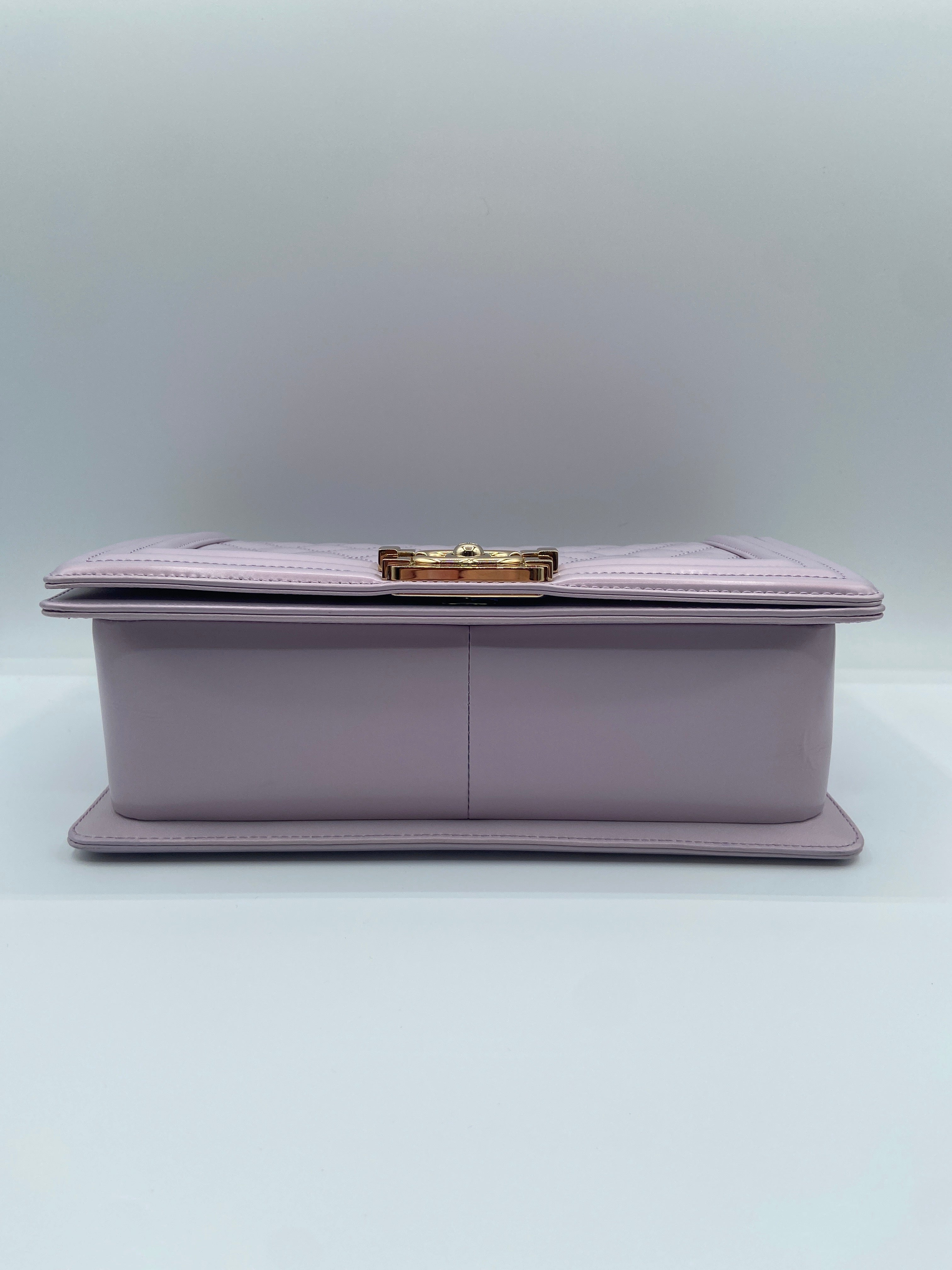 Chanel Boy Bag in Lilac Quilted Patent Leather with Gold-Tone Chain Strap