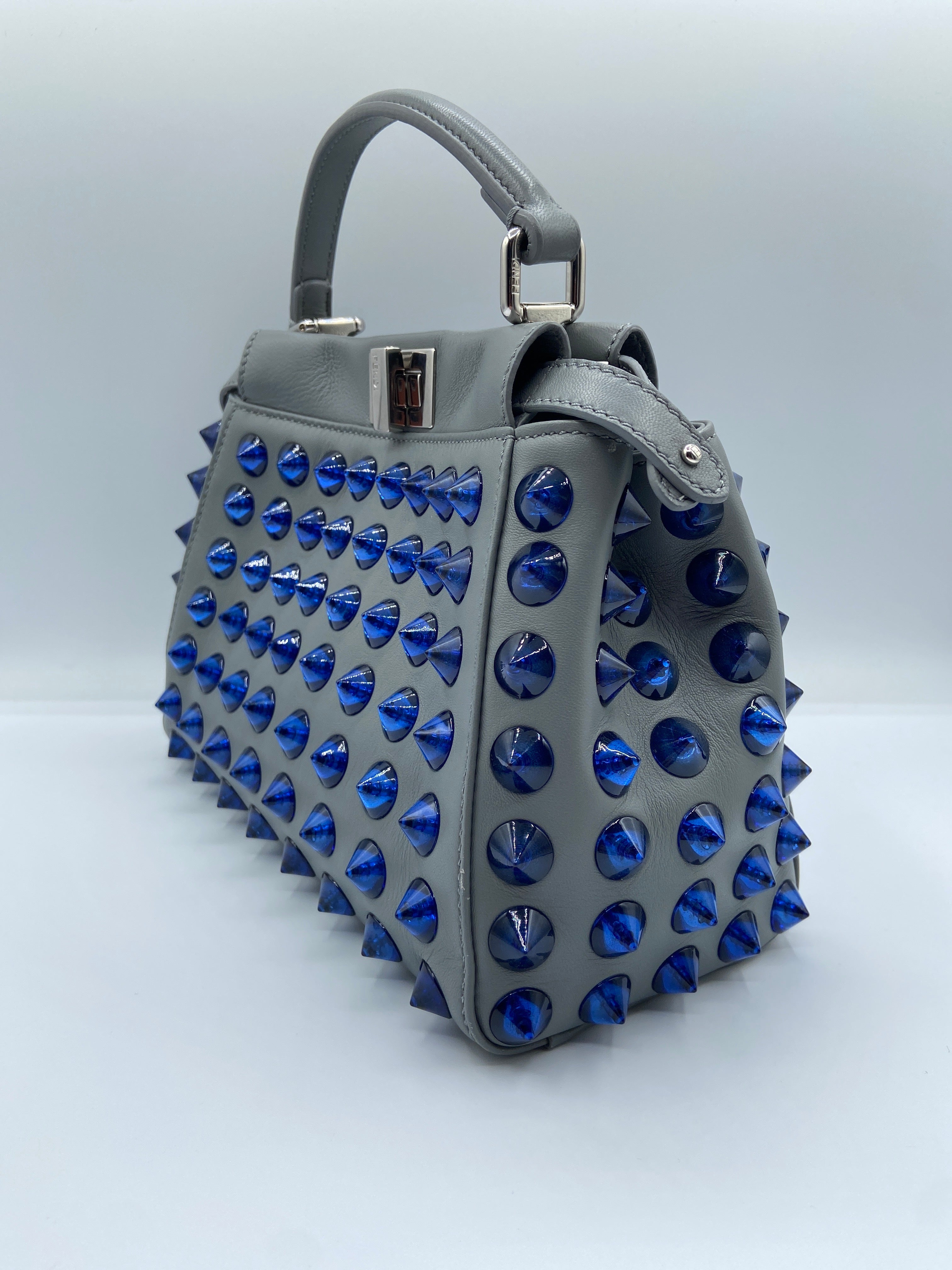Fendi Mini Iconic Peekaboo bag in gray leather with blue studs