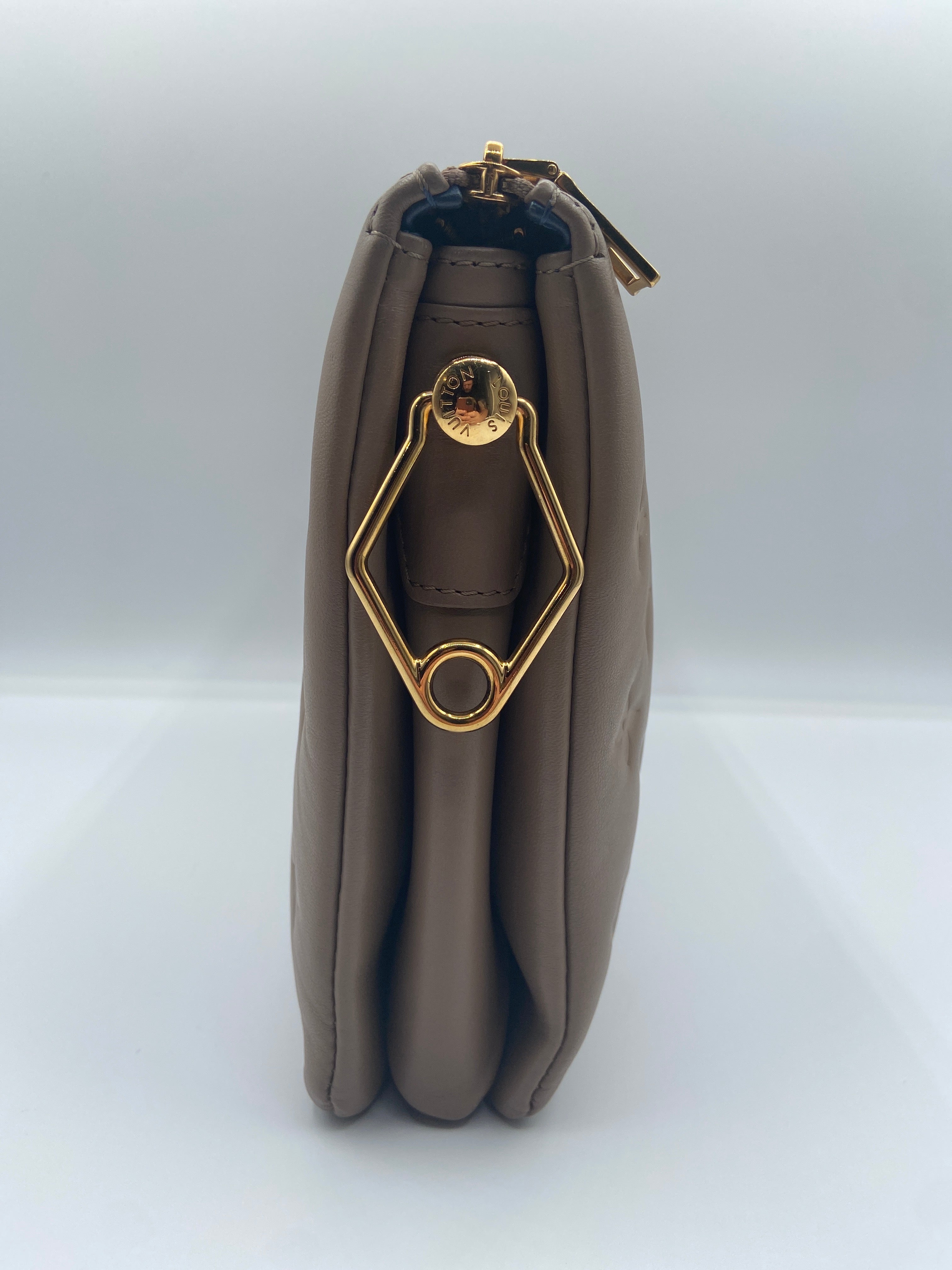 Pre-owned Louis Vuitton Coussin PM in Taupe Embossed Lambskin with Gold Chain & Fabric Strap (Entrupy Certified)