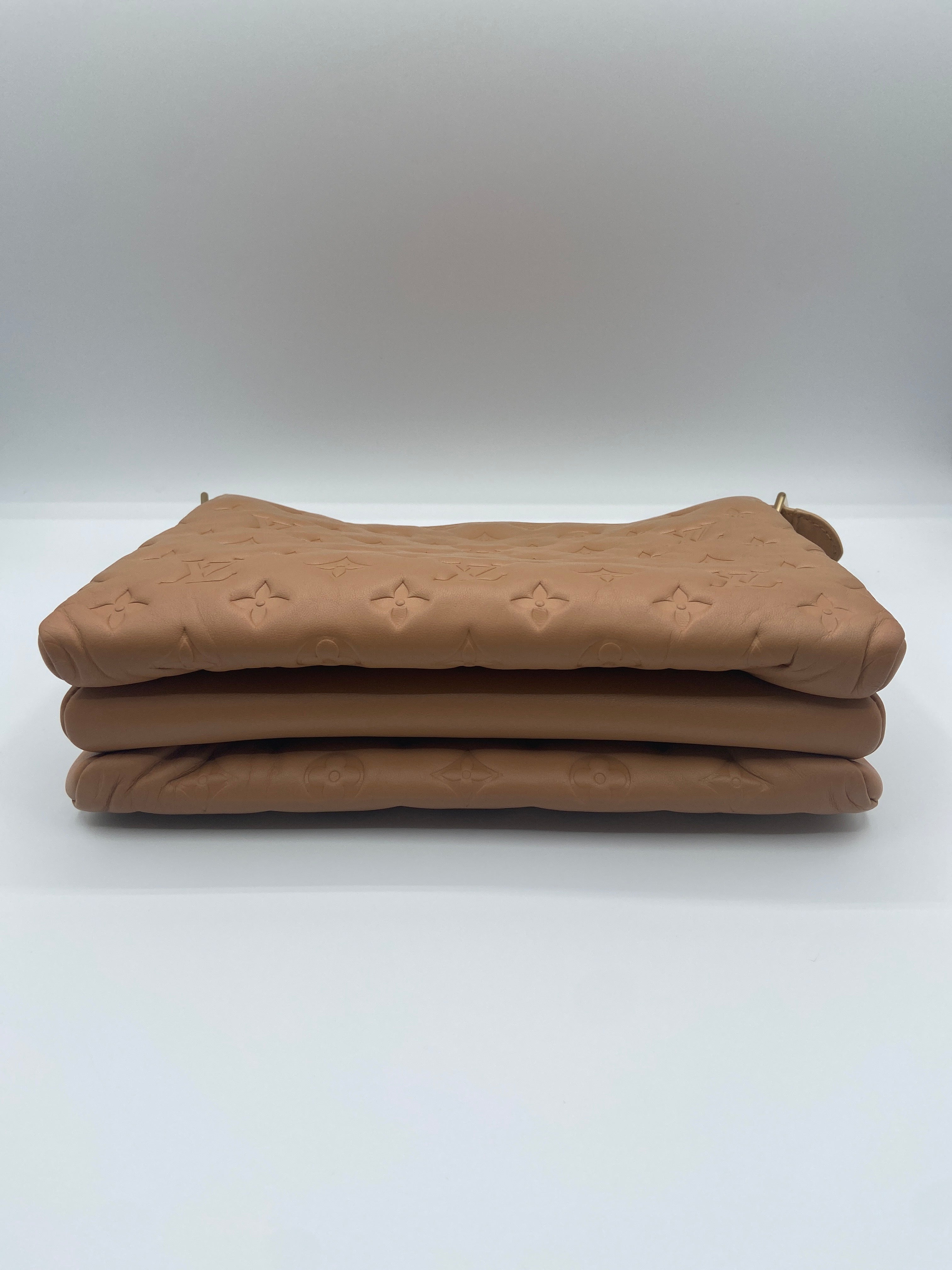 Pre-owned Louis Vuitton Coussin PM in Camel Embossed Lambskin with Gold Chain & Strap (Entrupy Certified)