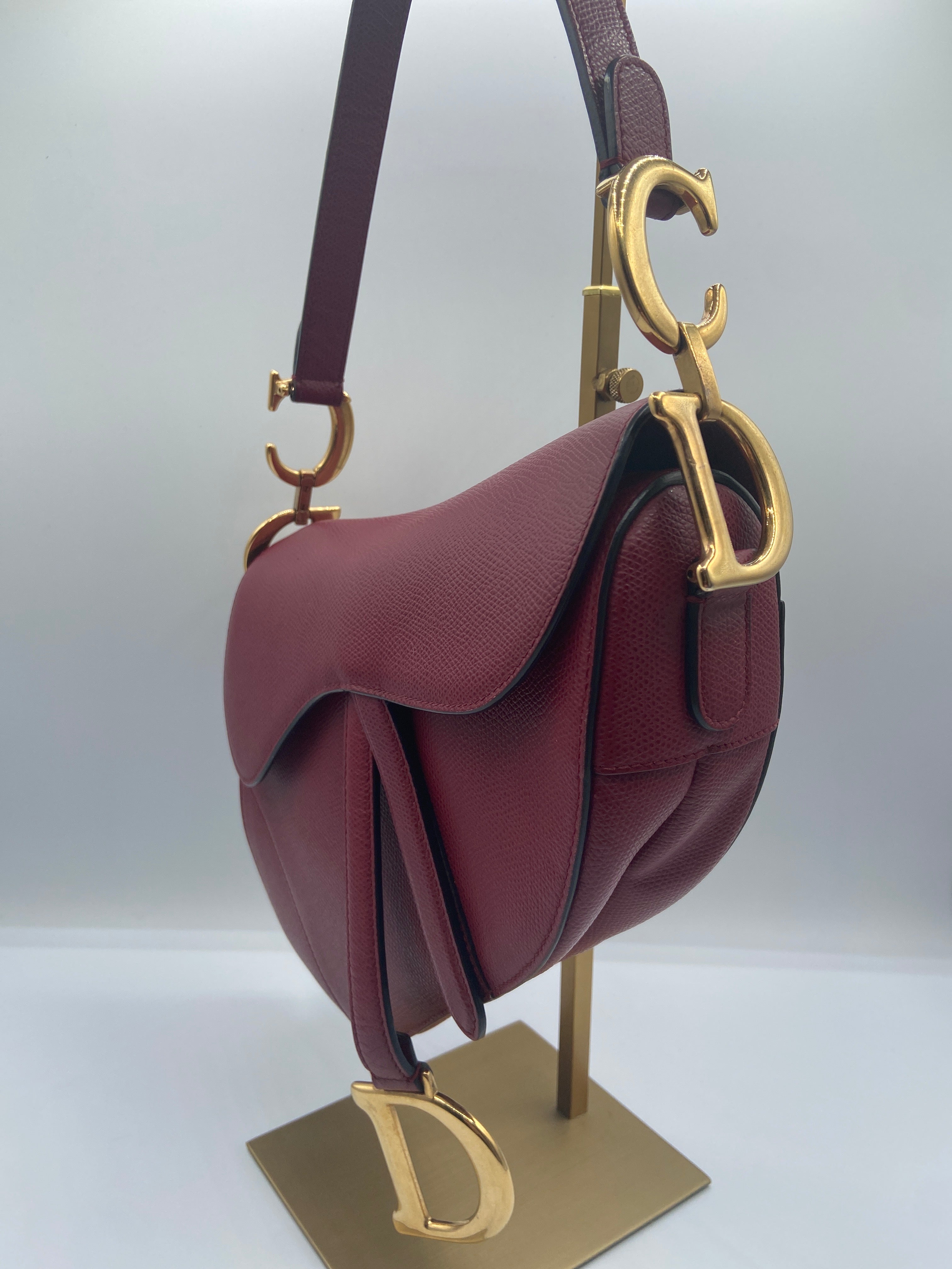Pre-owned Christian Dior Saddle Bag in Cherry Red Grained Calfskin with Embroidered Strap (Entrupy Certified)