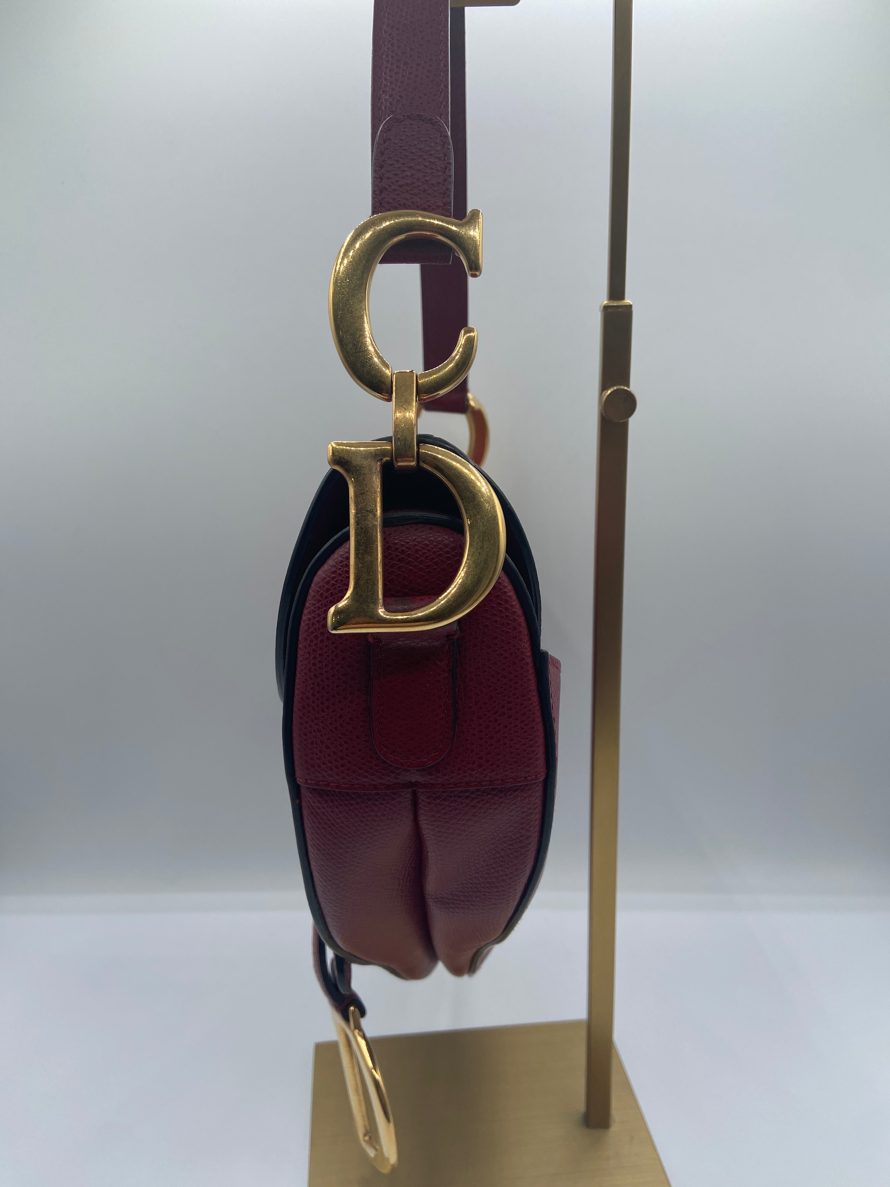 Pre-owned Christian Dior Saddle Bag in Cherry Red Grained Calfskin with Embroidered Strap (Entrupy Certified)